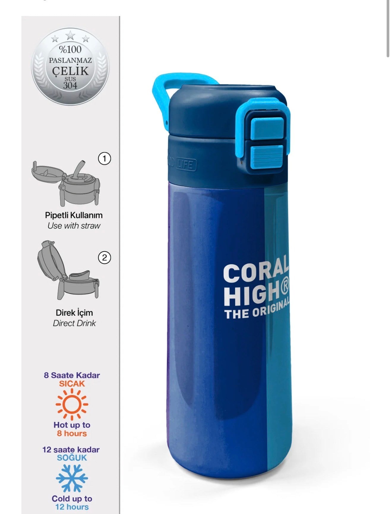 Coral High Kids Lacivert Mavi Çizgili Pipetli ve Direkt İçim Çelik Termos 500 ml 31997