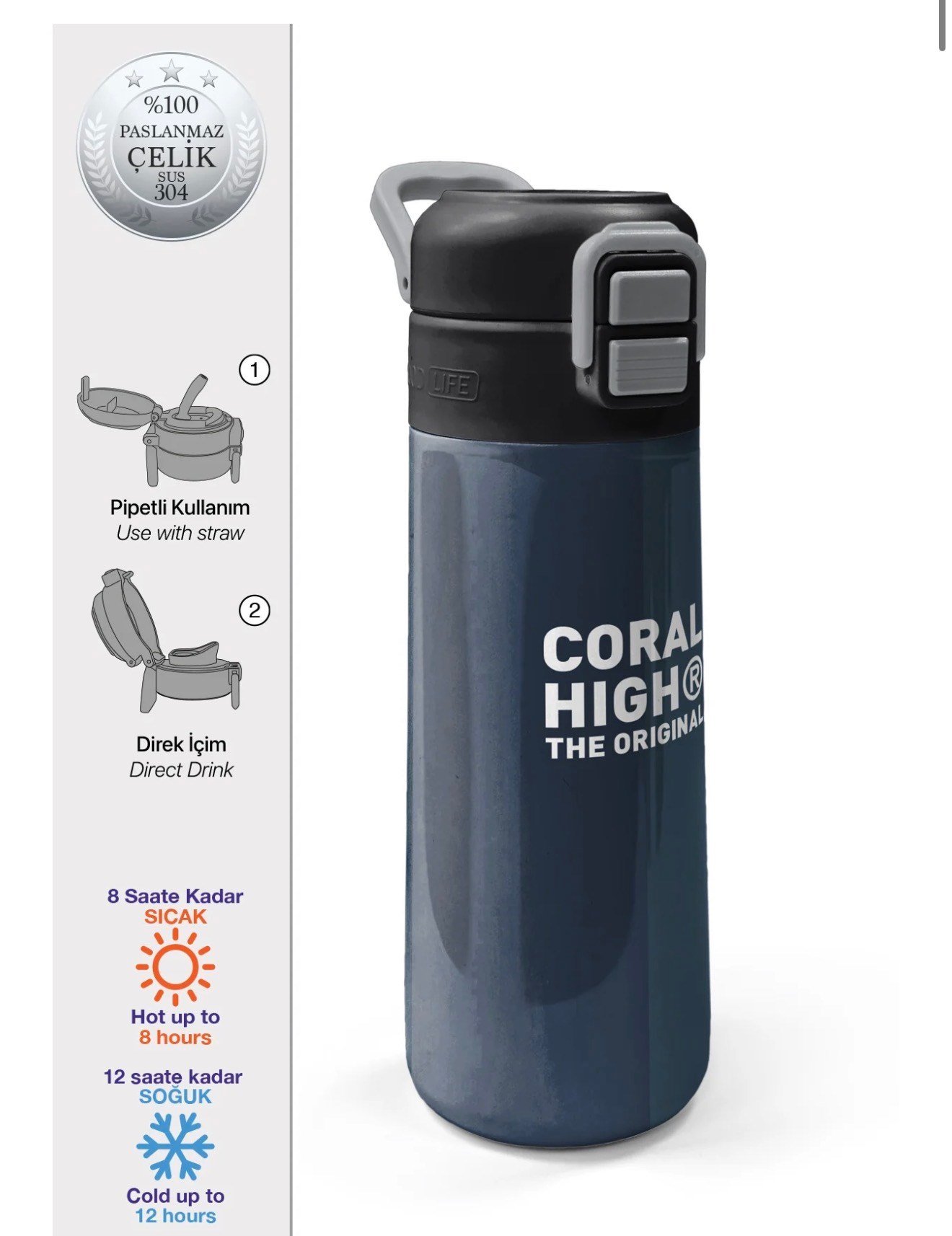 Coral High Kids Lacivert Turuncu Çizgili Pipetli ve Direkt İçim Çelik Termos 500 ml 31998