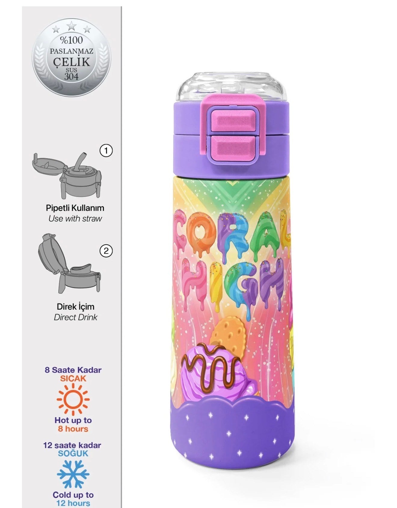 Coral High Kids Milka Dondurma Desenli Pipetli ve Direkt İçim Çelik Termos 500 ml 38136