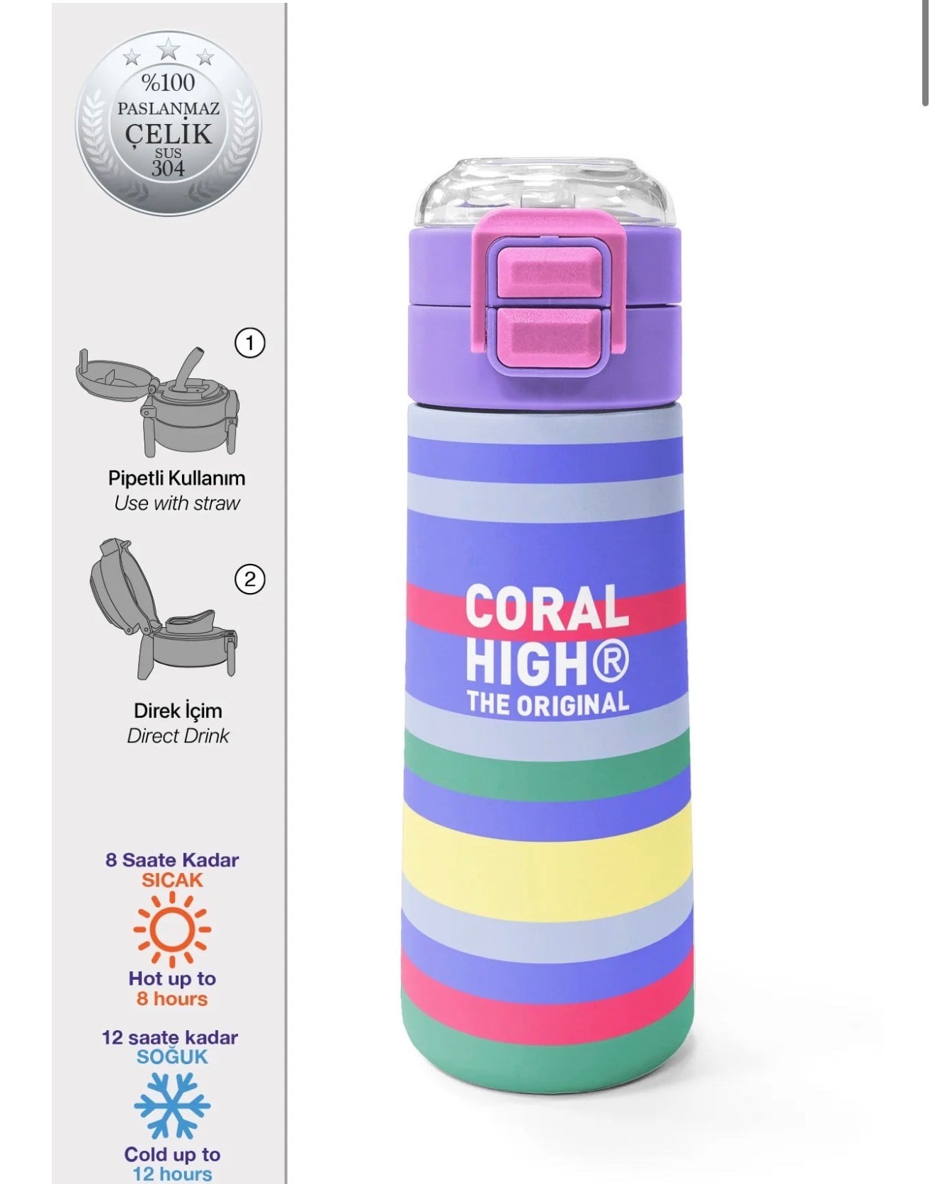 Coral High Kids Milka Gri Sarı Çizgi Desenli Pipetli ve Direkt İçim Çelik Termos 500 ml 38102