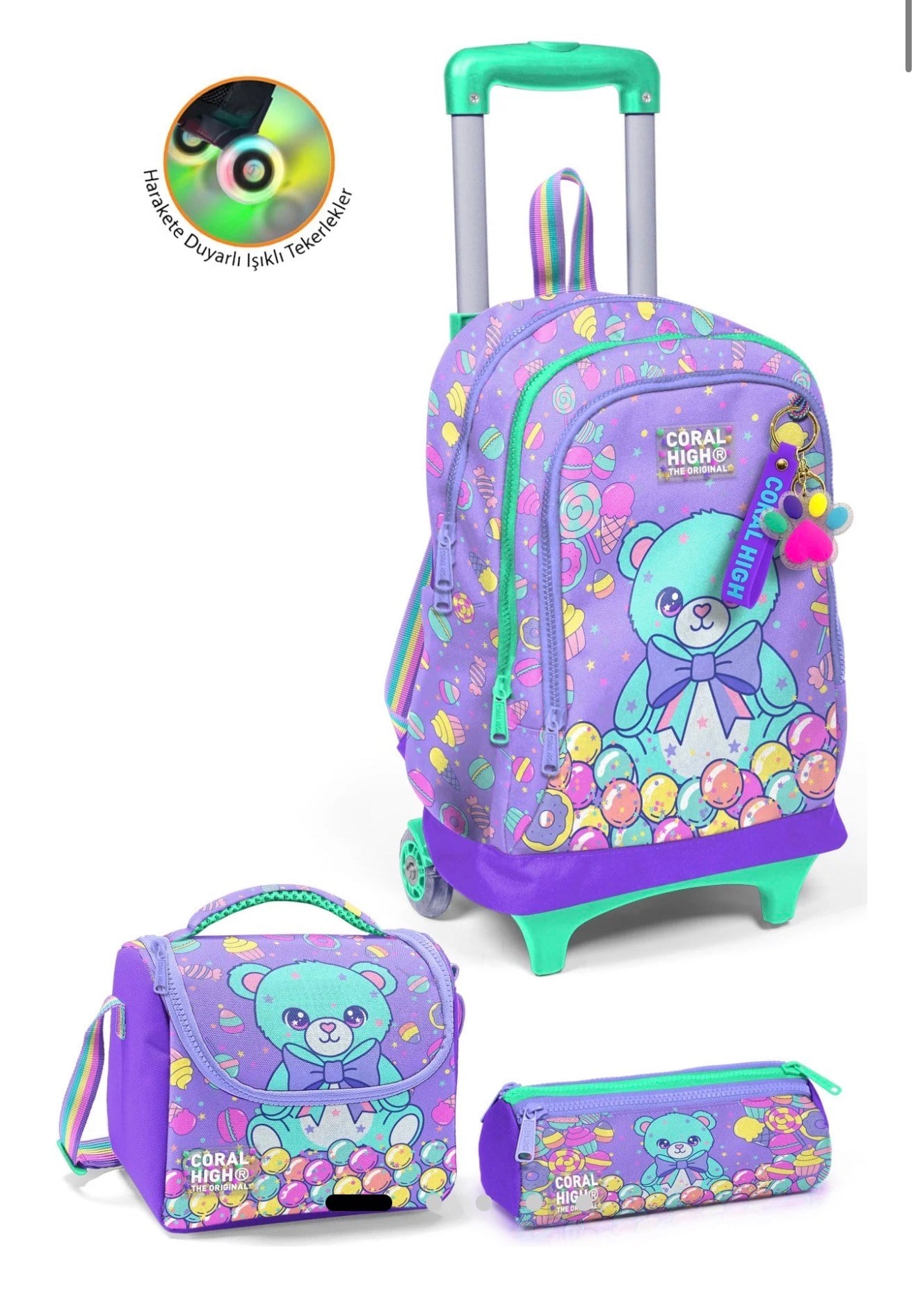 Coral High Kids Milka Şeker Ayıcık Desenli Çekçekli 3'lü Çanta Seti SET0134005