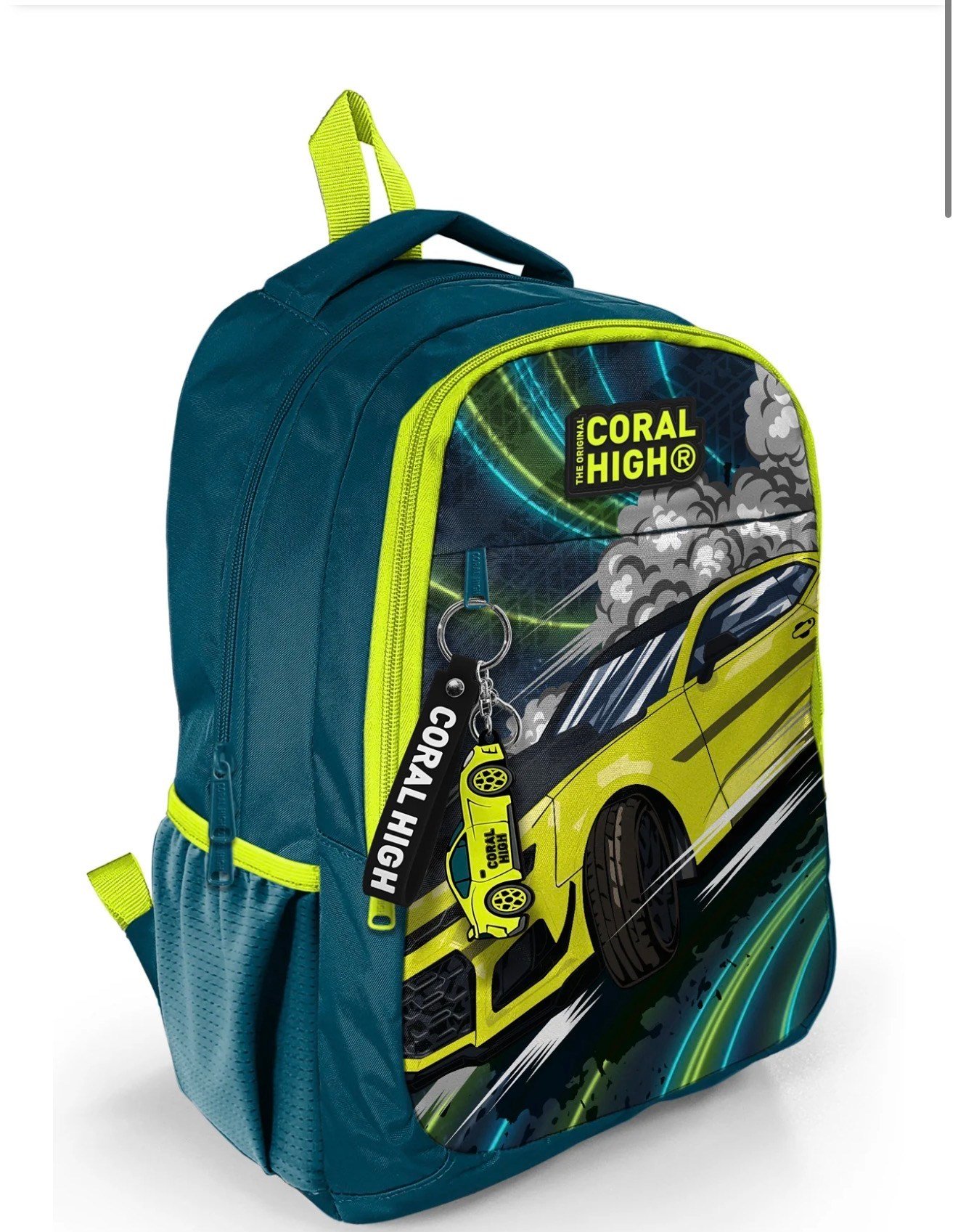 Coral High Kids Nefti Fosforlu Sarı Araba Desenli Üç Bölmeli Okul Sırt Çantası 14406