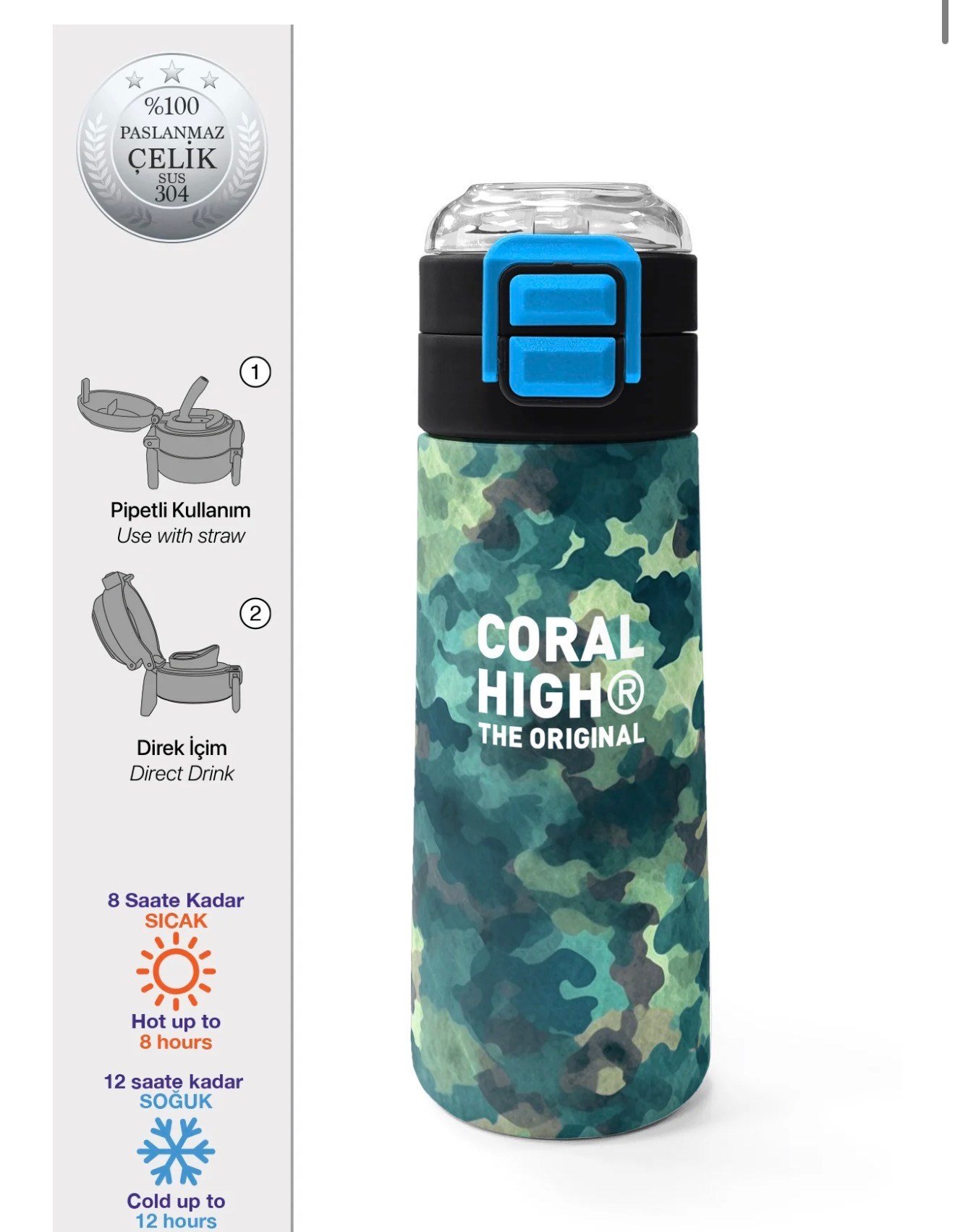 Coral High Kids Nefti Kamuflaj Desenli Pipetli ve Direkt İçim Çelik Termos 500 ml 31845