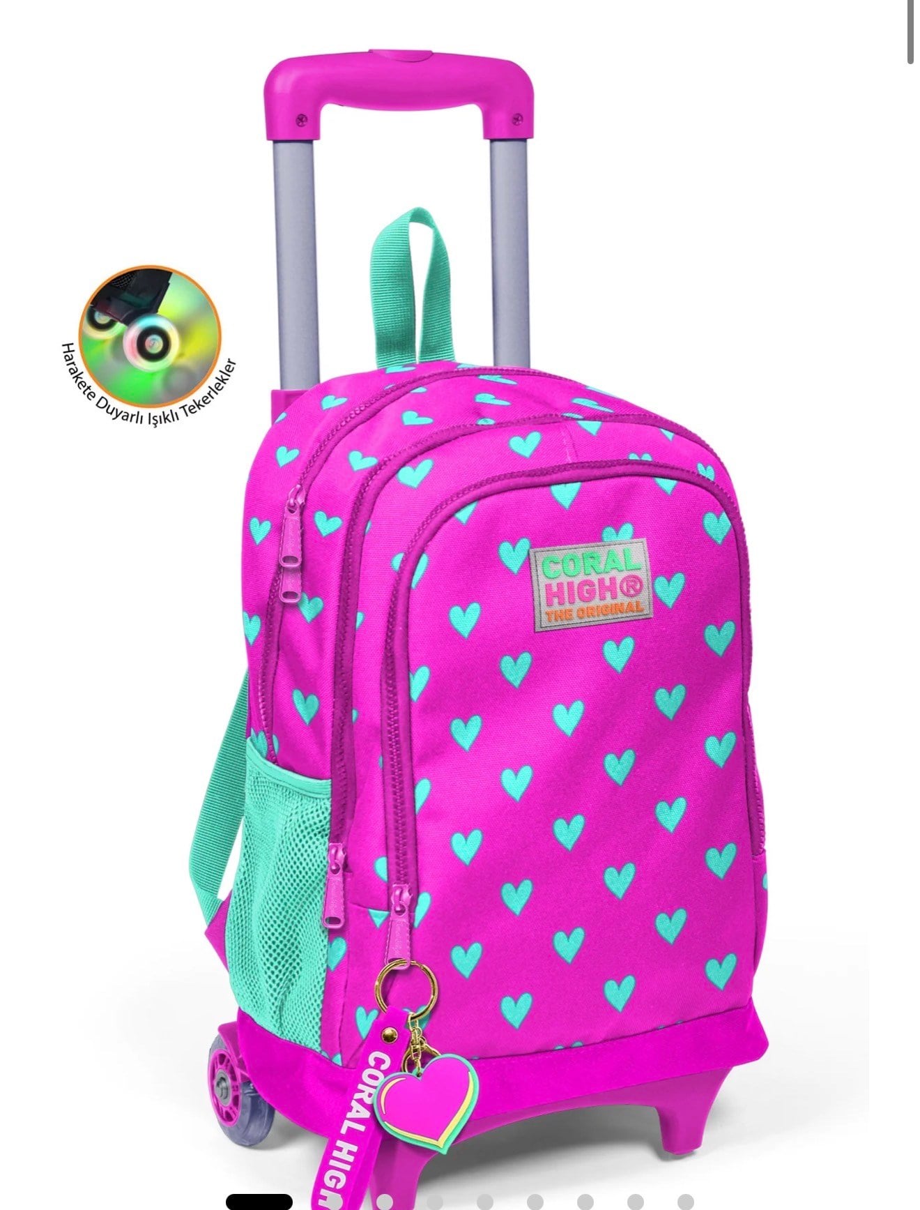 Coral High Kids Neon Pembe Su Yeşili Kalp Desenli Üç Bölmeli Çekçekli Okul Sırt Çantası 23133