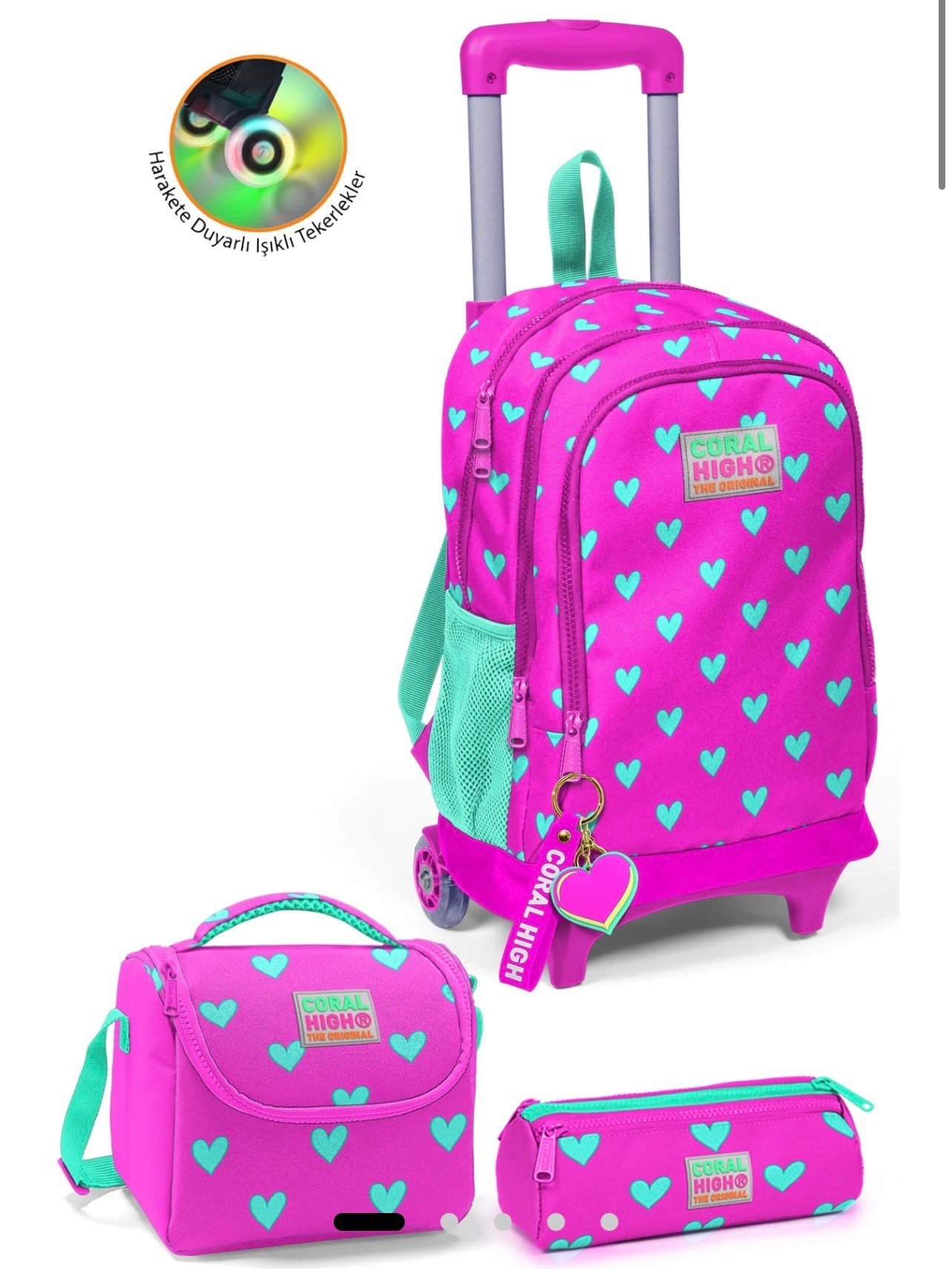 Coral High Kids Neon Pembe Su Yeşili Kalp Desenli Çekçekli 3'lü Çanta Seti SET0123133