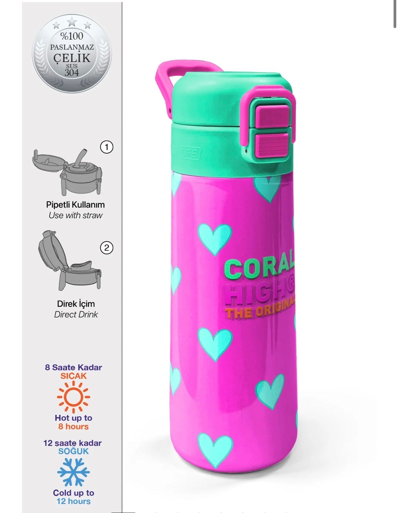Coral High Kids Neon Pembe Su Yeşili Kalp Desenli Pipetli ve Direkt İçim Çelik Termos 500 ml 31906