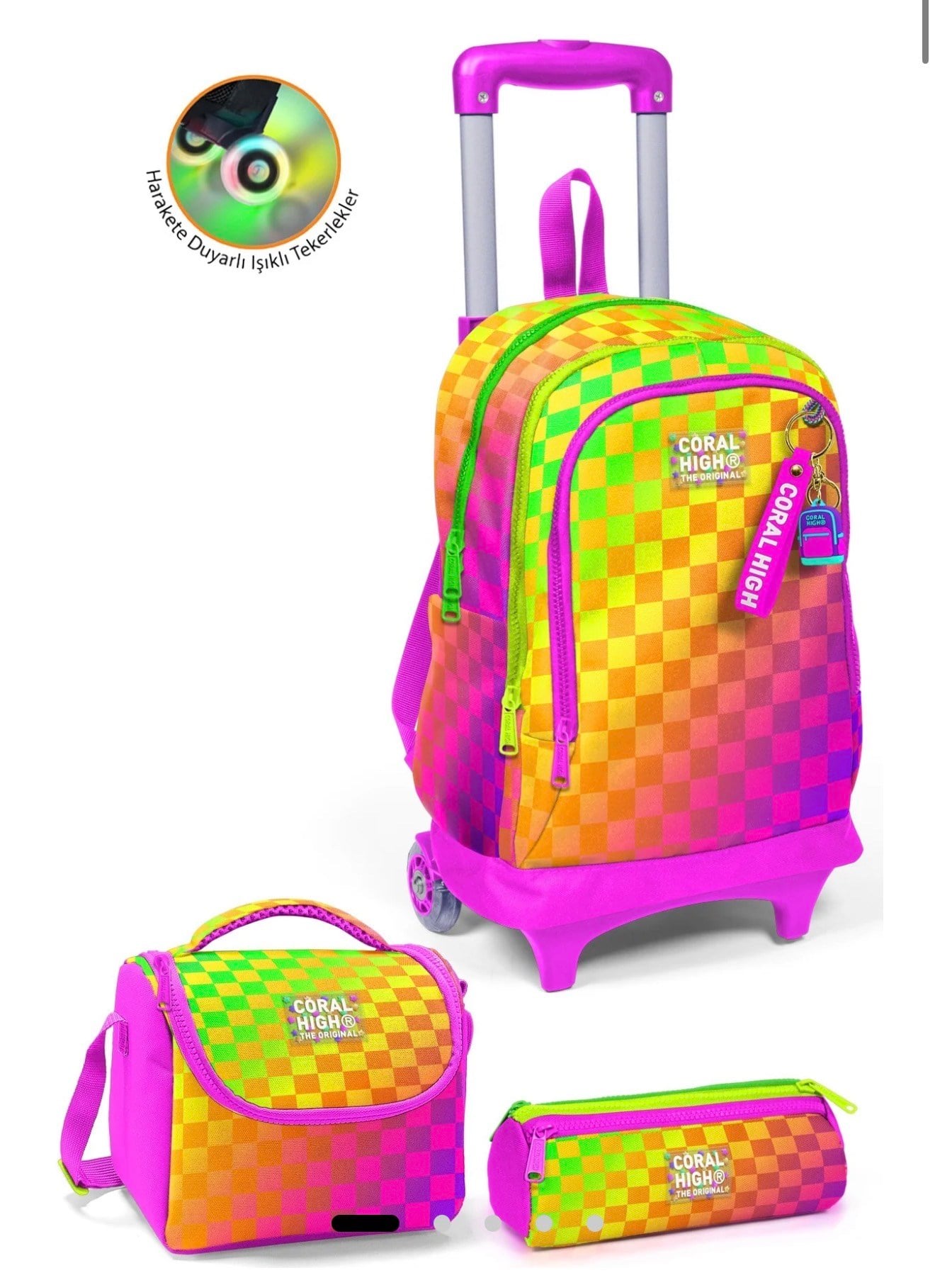 Coral High Kids Neon Renkli Dama Desenli Çekçekli 3'lü Çanta Seti SET0134003