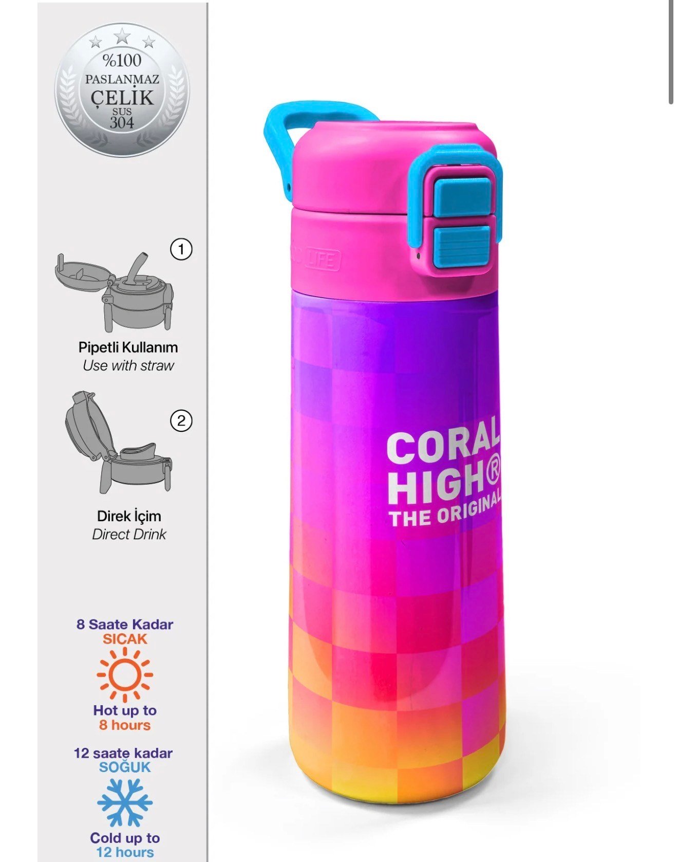Coral High Kids Neon Renkli Dama Desenli Pipetli ve Direkt İçim Çelik Termos 500 ml 38103