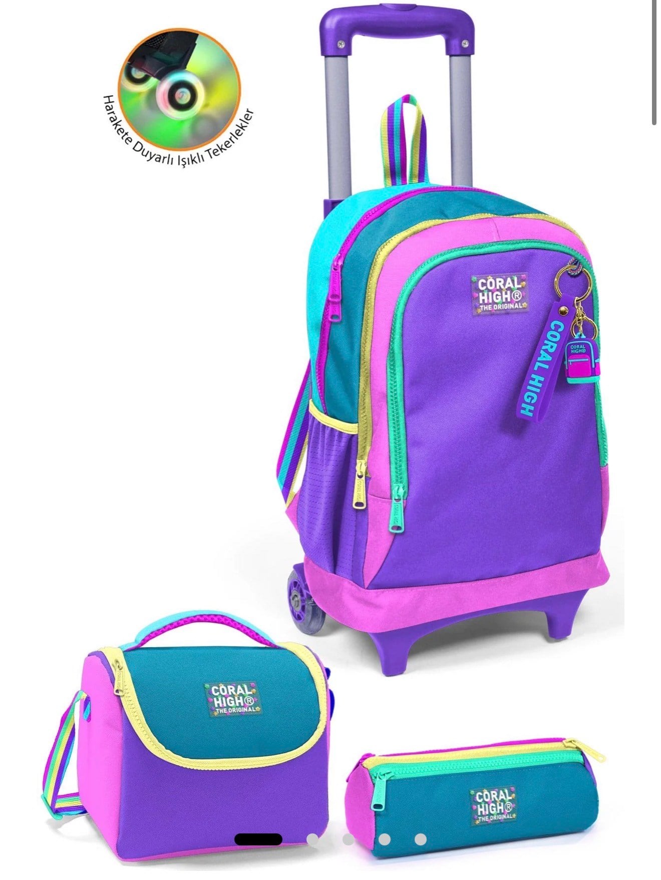 Coral High Kids Pembe Pastel Renkli Üç Bölmeli Çekçekli 3'lü Çanta Seti SET0123959