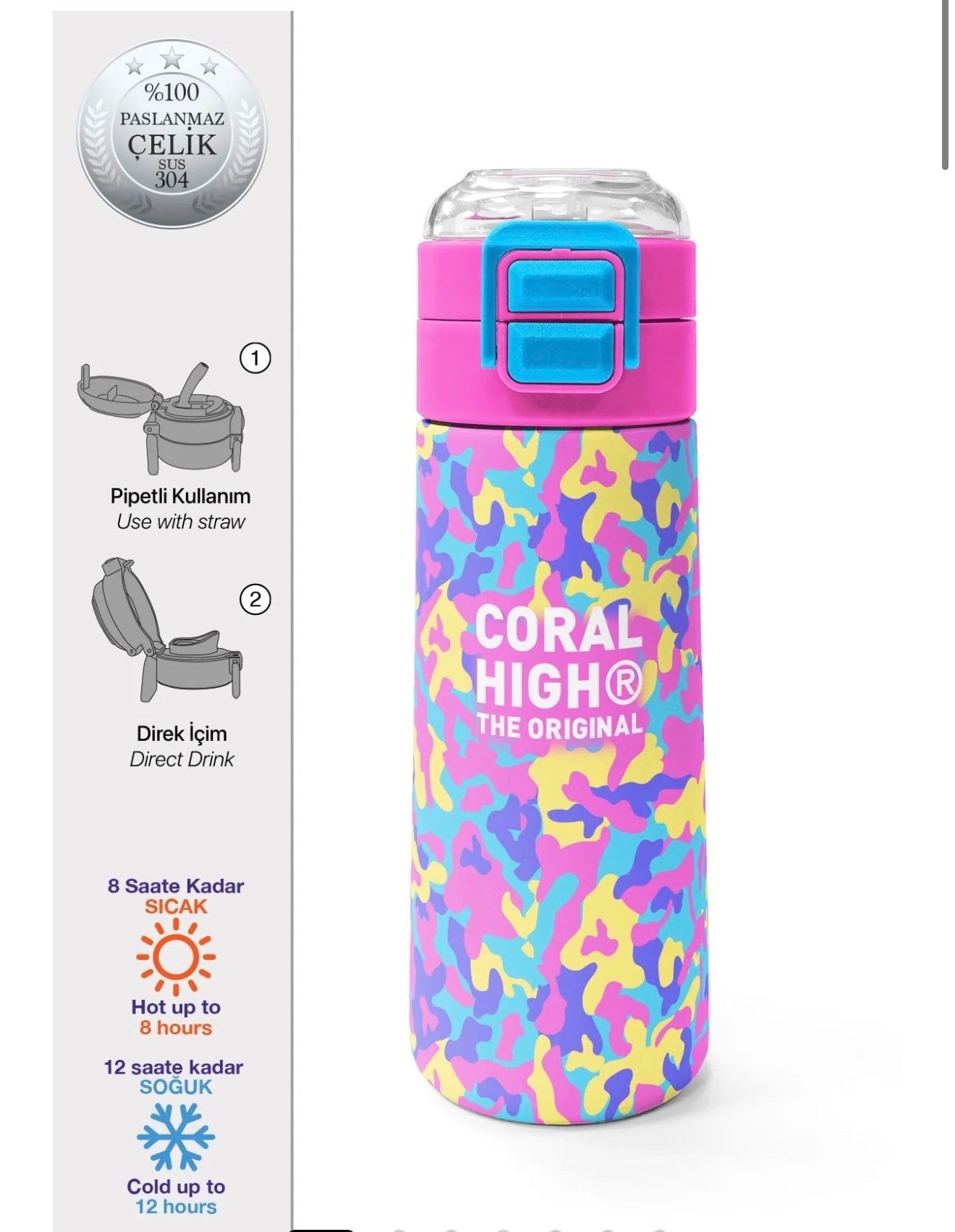 Coral High Kids Pembe Sarı Lavanta Kamuflaj Desenli Pipetli ve Direkt İçim Çelik Termos 500 ml 31801