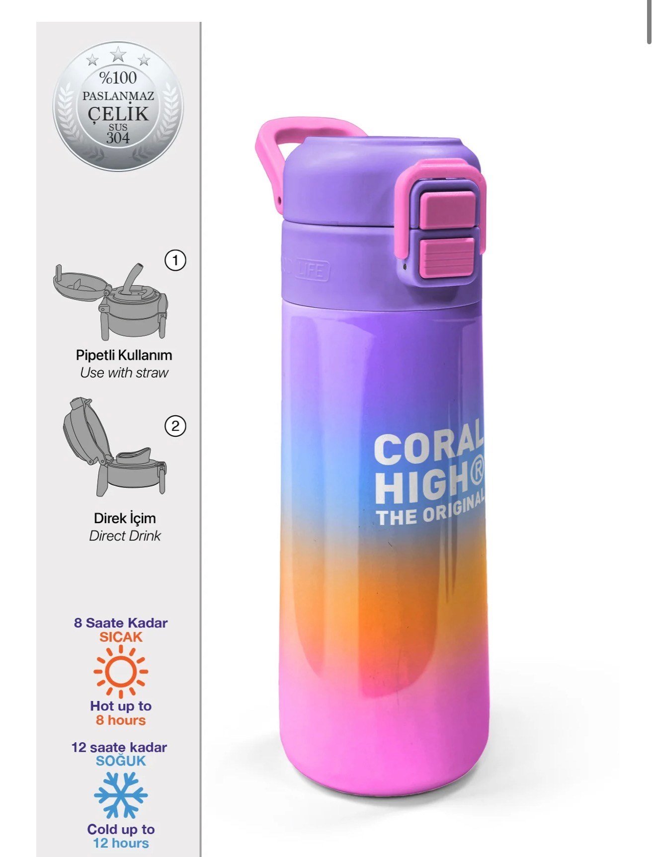 Coral High Kids Renk Geçişli Desenli Pipetli ve Direkt İçim Çelik Termos 500 ml 31875