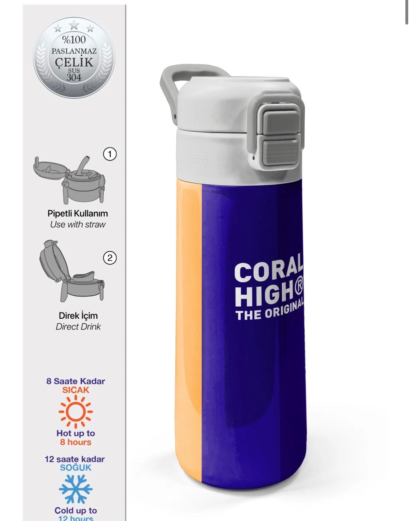 Coral High Kids Renkli Çizgili Desenli Pipetli ve Direkt İçim Çelik Termos 500 ml 31874