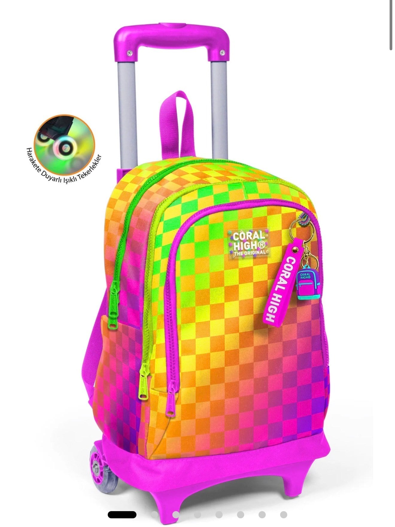 Coral High Kids Renkli Dama Desenli Üç Bölmeli Çekçekli Okul Sırt Çantası 34003