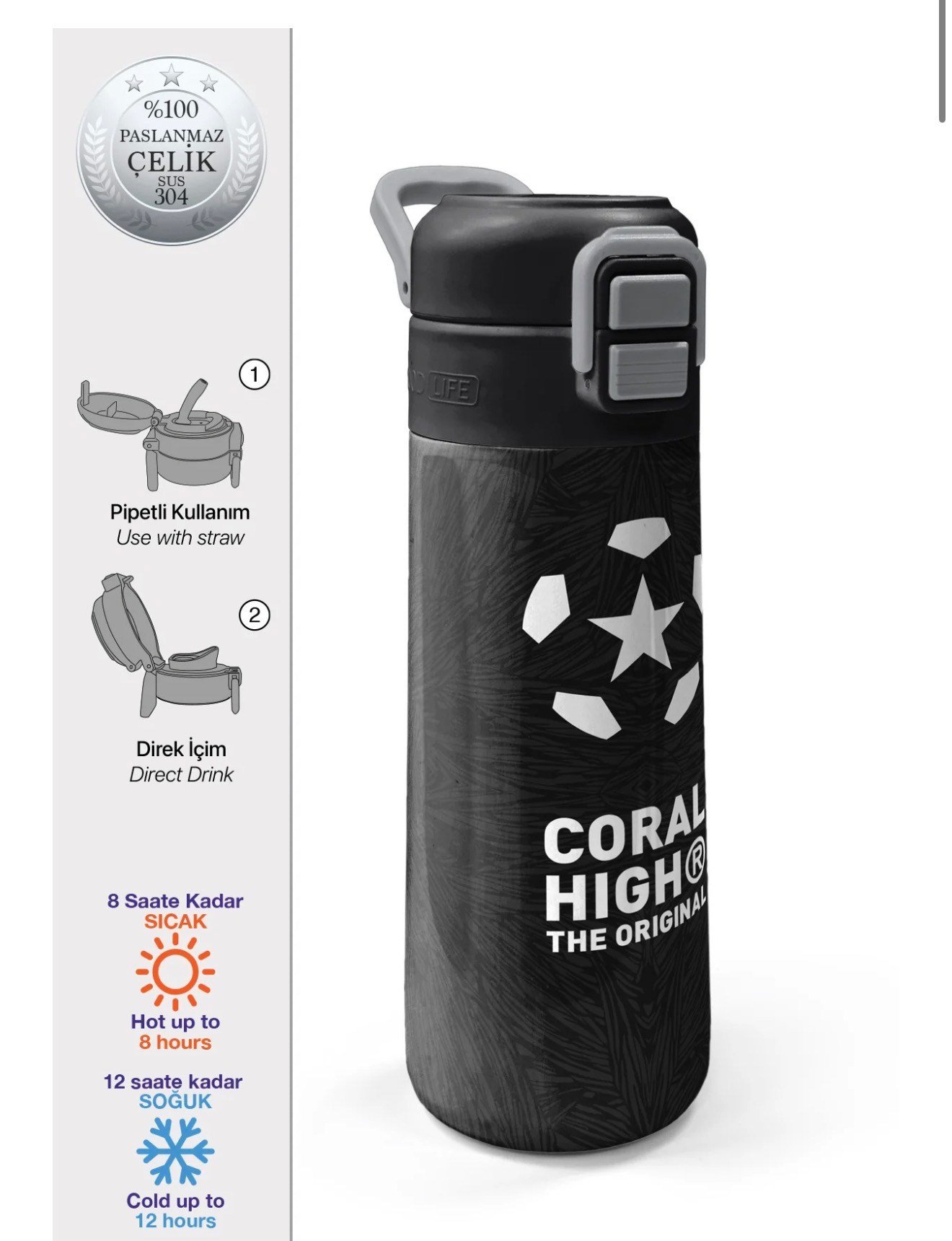 Coral High Kids Siyah Futbol Desenli Pipetli ve Direkt İçim Çelik Termos 500 ml 31898