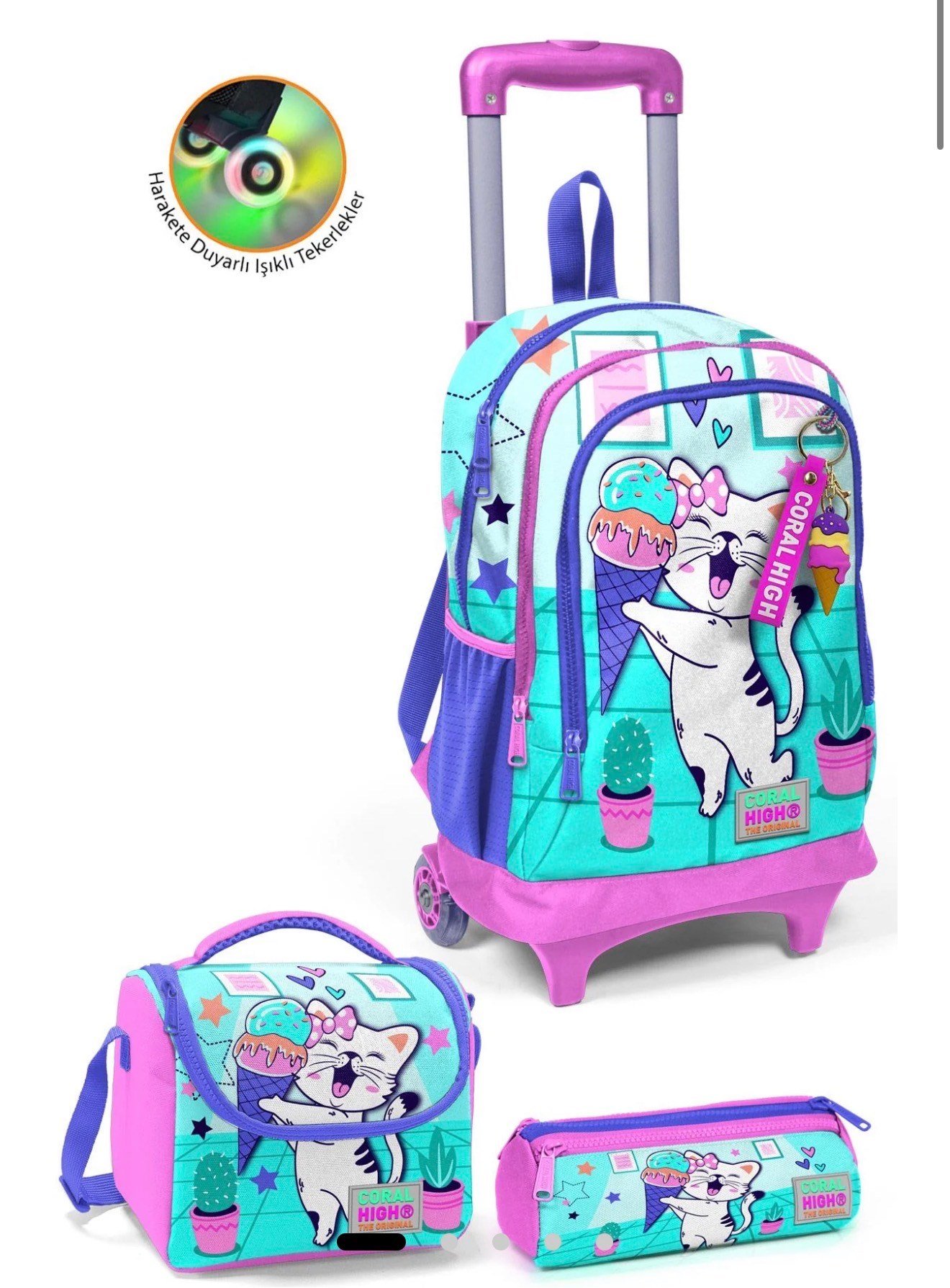 Coral High Kids Turkuaz Pembe Dondurmalı Kedi Desenli Üç Bölmeli Çekçekli 3'lü Çanta Seti SET0123951
