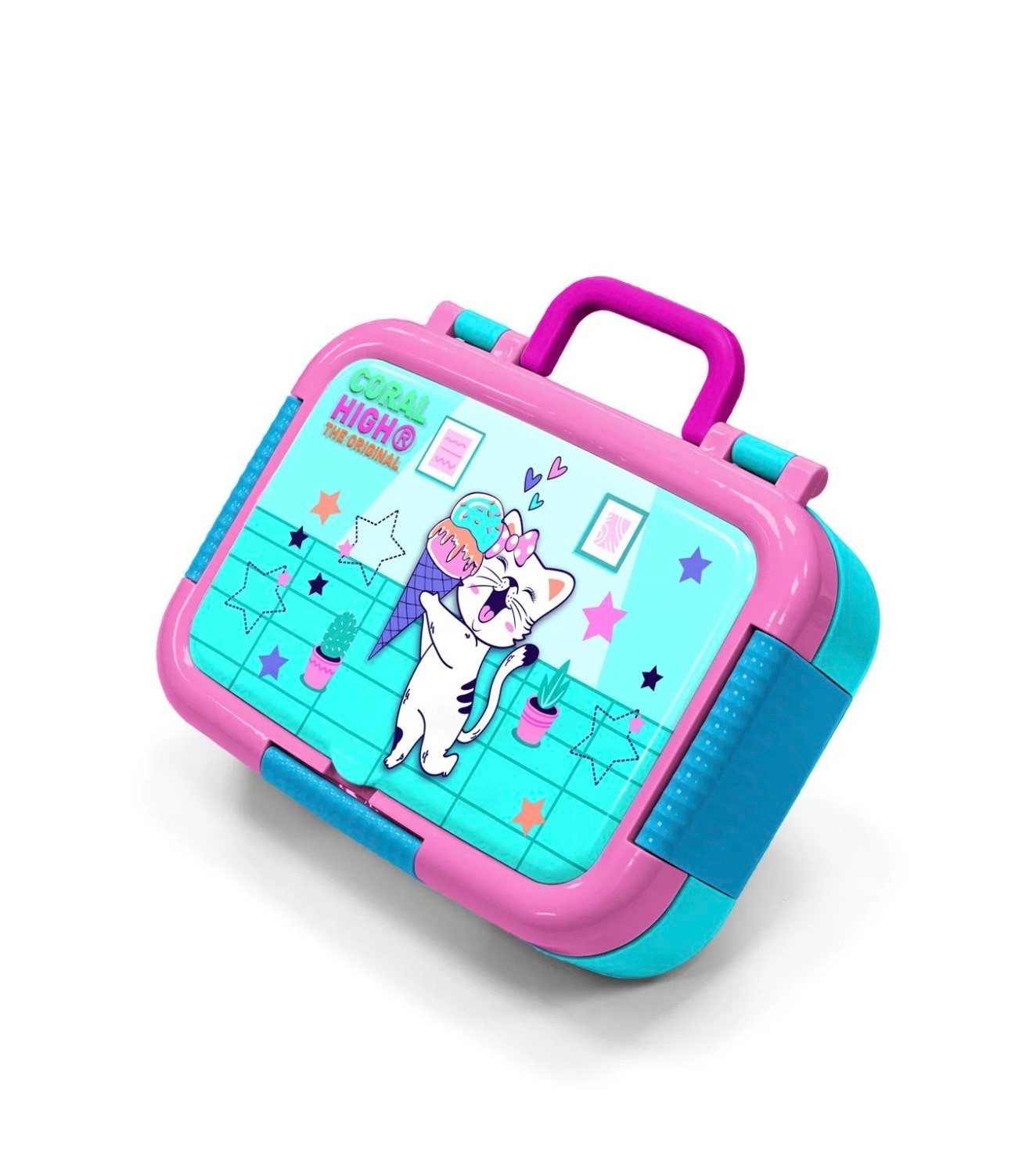 Coral High Kids Turkuaz Pembe Dondurmalı Kedi Desenli Paslanmaz Çelik Beslenme Kabı 39259