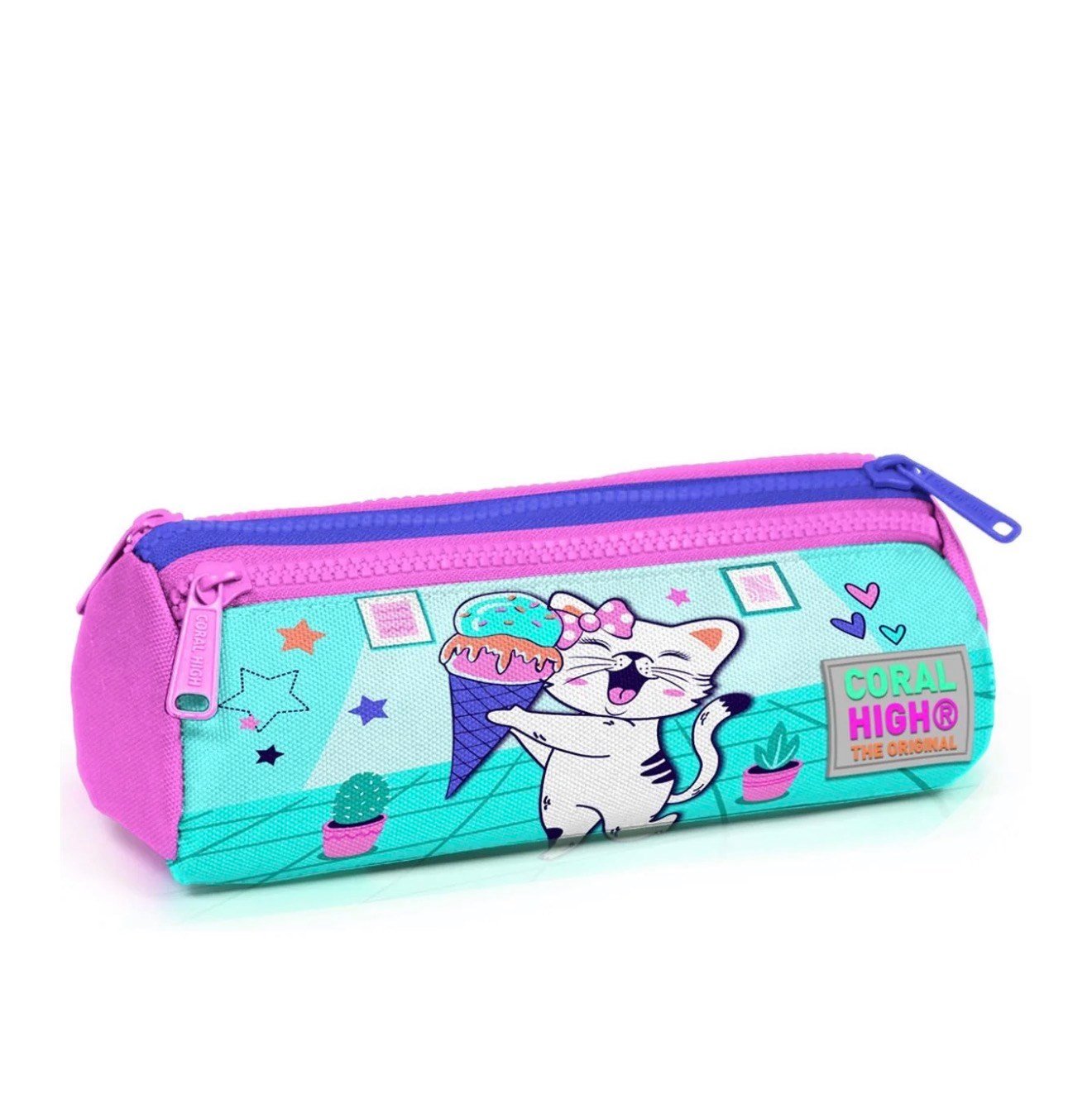 Coral High Kids Turkuaz Pembe Dondurmalı Kedi Desenli Üç Bölmeli Kalem Çantası 22051