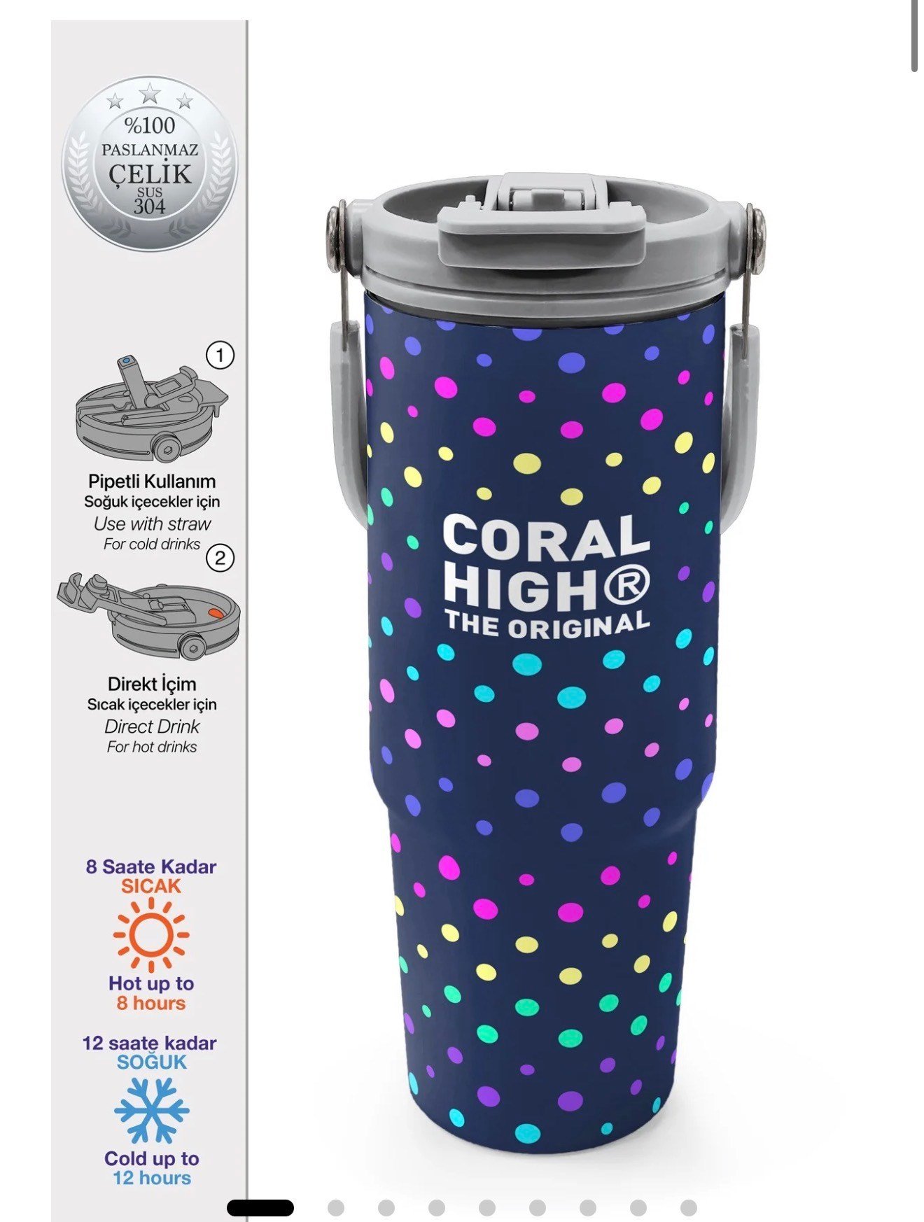 Coral High Lacivert Puantiyeli Desenli Pipetli ve Direkt İçim Çelik Termos 900 ml 38714
