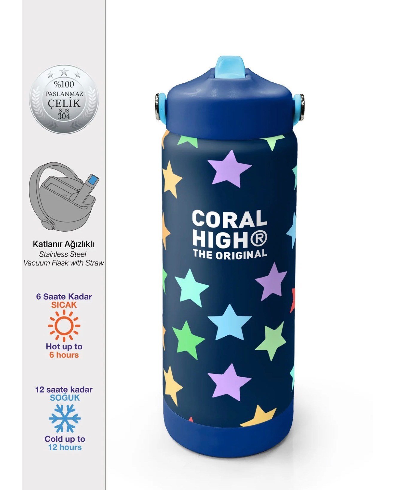 Coral High Lacivert Renkli Yıldız Desenli Katlanır Ağızlıklı Çelik Termos 650 ml 38309