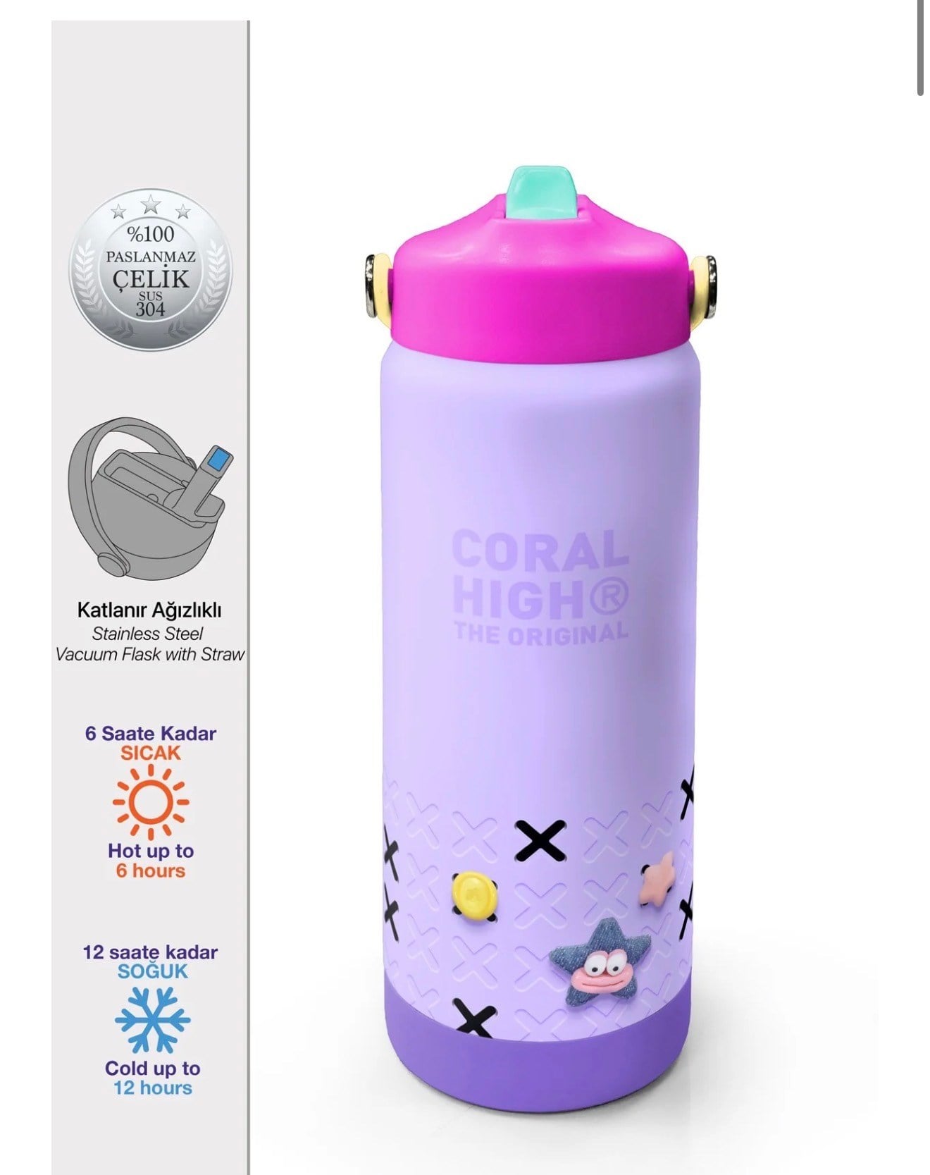 Coral High Mor Lila Desenli Katlanır Ağızlıklı Çelik Termos 650 ml 38350