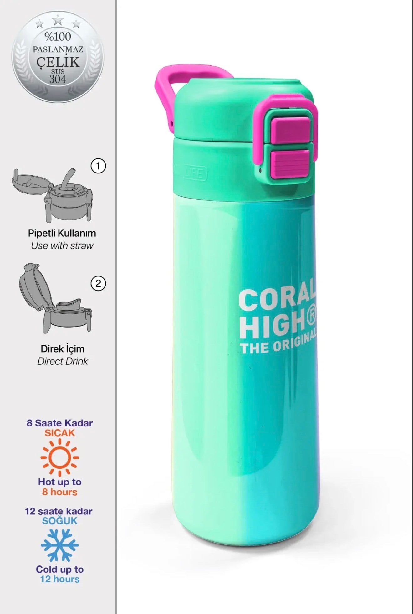 Coral High paslanmaz çelik pipetli ve direkt içimli Termos(500 ml) 31844