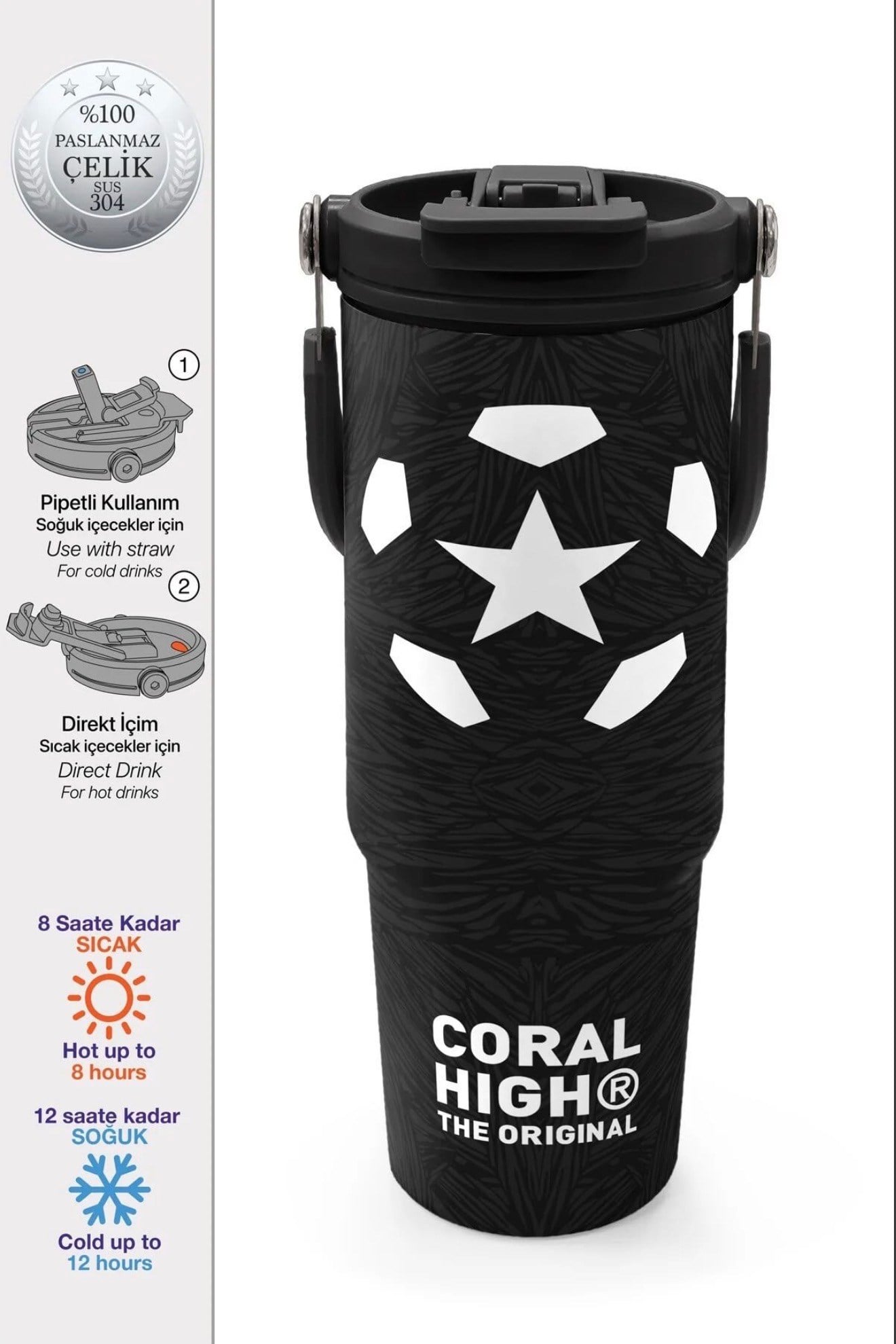 Coral High paslanmaz çelik PİPETLİ VE DİREK İÇİMLİ  Termos(900 ML) 38722