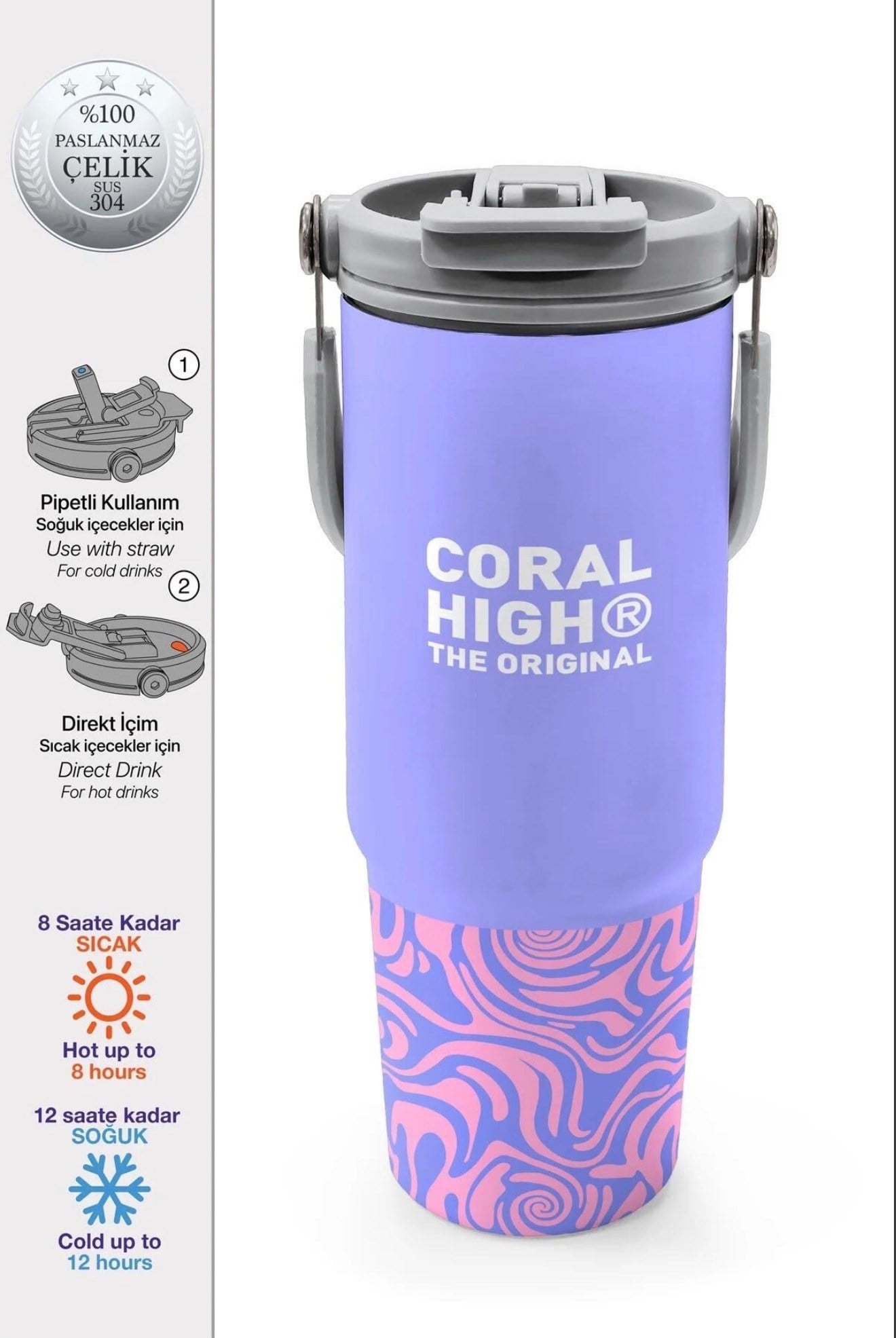 Coral High paslanmaz çelik PİPETLİ VE DİREK İÇİMLİ  Termos(900 ML) 38704