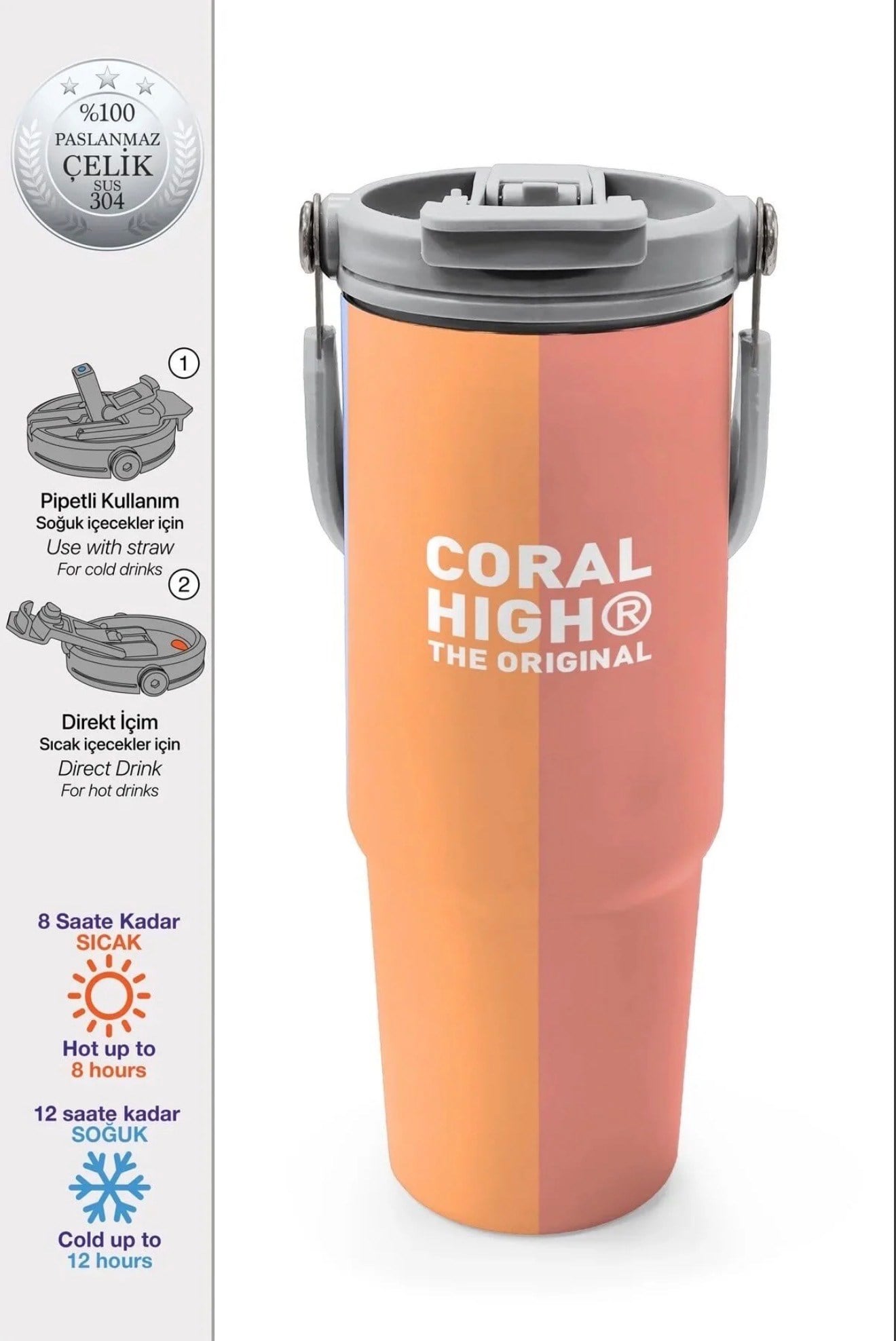 Coral High paslanmaz çelik PİPETLİ VE DİREK İÇİMLİ  Termos(900 ML) 38746