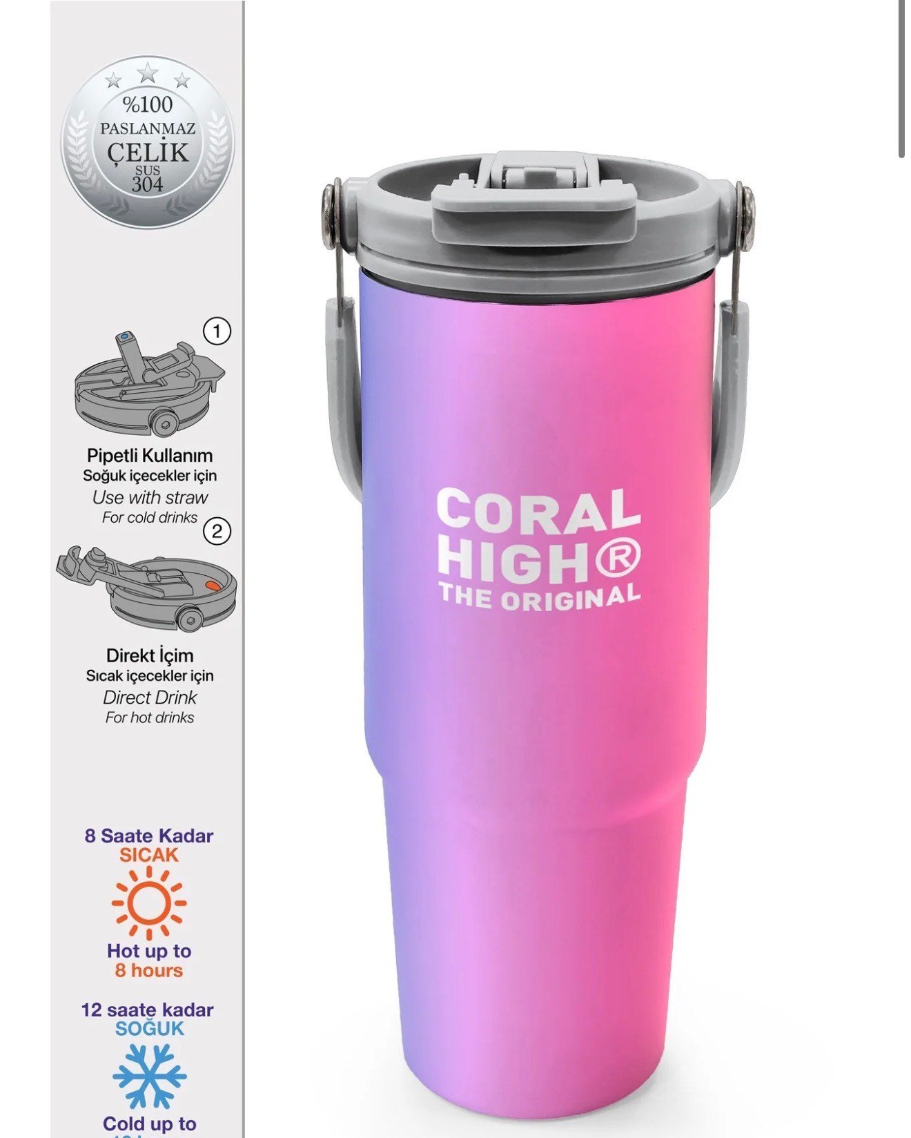Coral High Renk Geçişli Desenli Pipetli ve Direkt İçim Çelik Termos 900 ml 38726