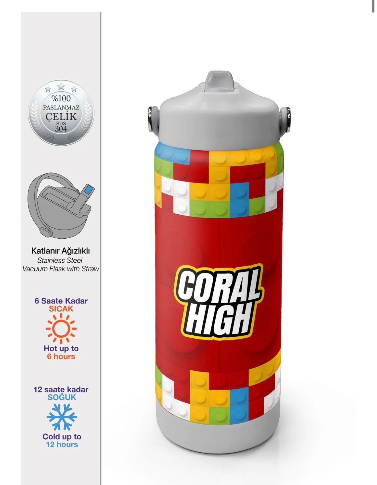 Coral High Renkli Blok Desenli Katlanır Ağızlıklı Çelik Termos 650 ml 38392