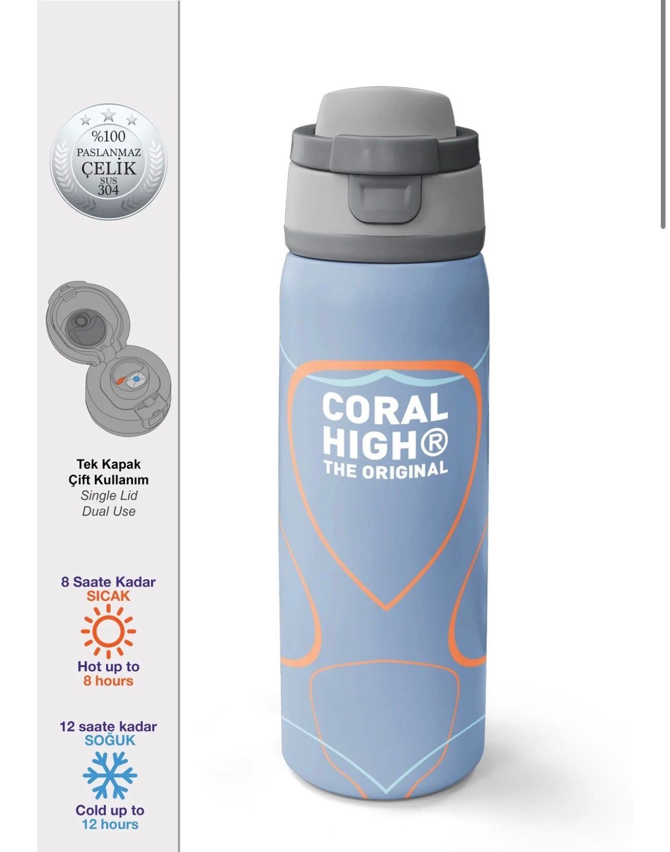 Coral High Renkli Desenli Pipetli ve Direkt İçim Çelik Termos 800 ml 38570