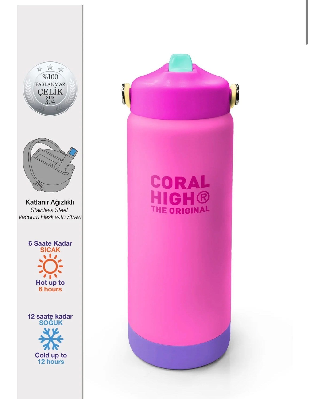 Coral High Renkli Pembe Lila Desenli Katlanır Ağızlıklı Çelik Termos 650 ml 38361