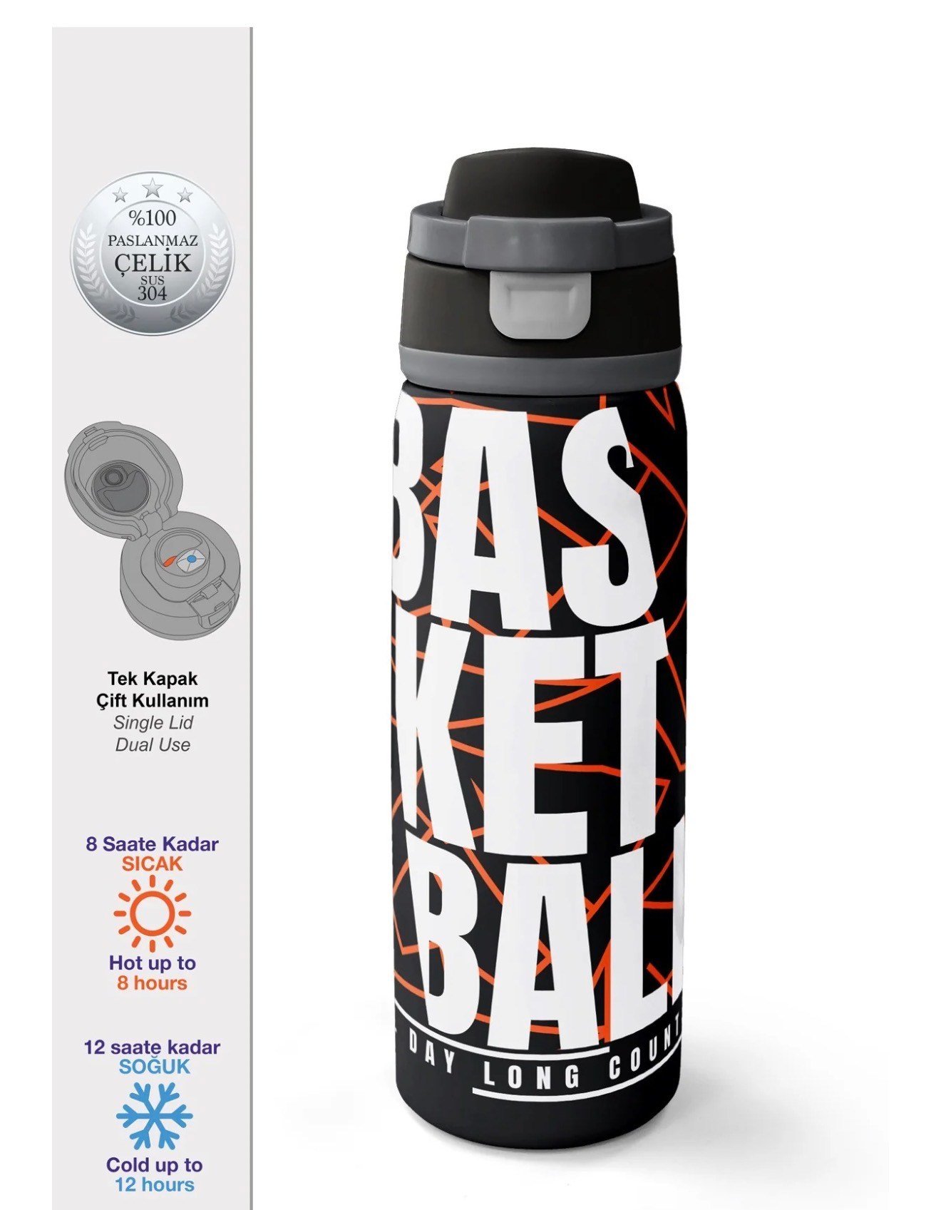 Coral High Siyah Basketbol Desenli Pipetli ve Direkt İçim Çelik Termos 800 ml 38528