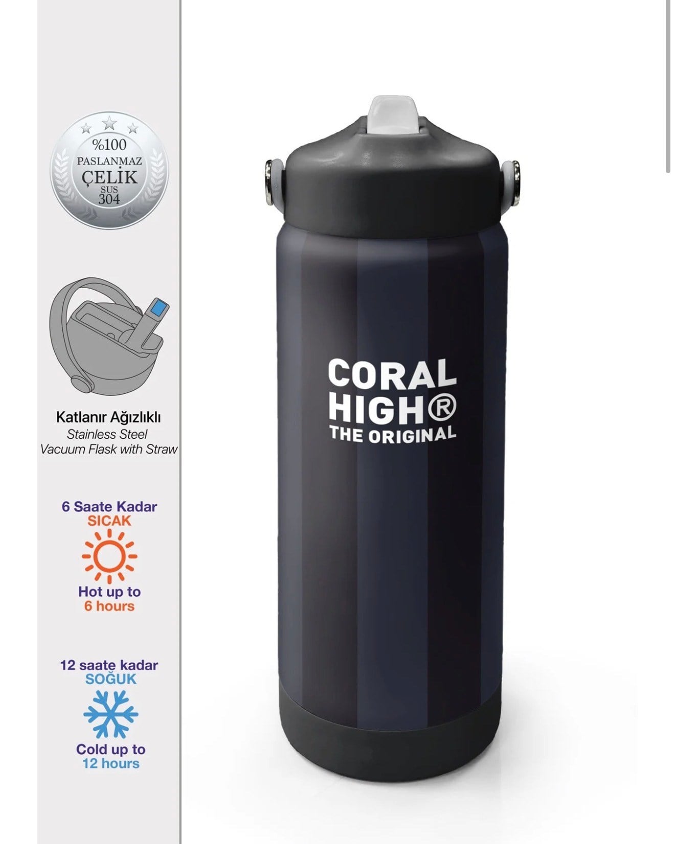 Coral High Siyah Çizgili Desenli Katlanır Ağızlıklı Çelik Termos 650 ml 38318