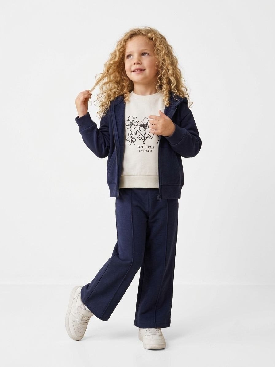 Kız çocuk çiçek nakışlı sweatshirtlü 3lü takım