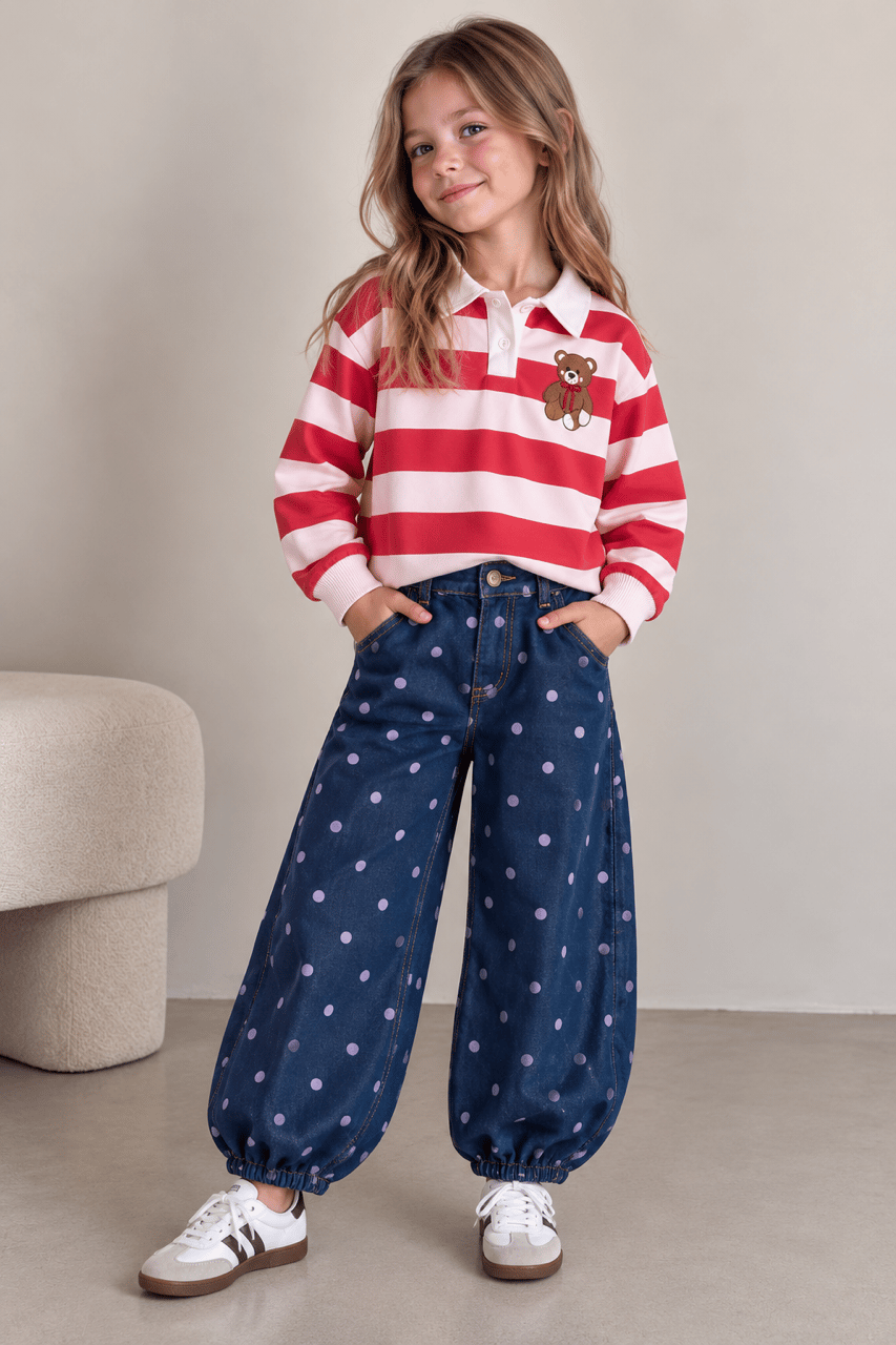 Kız çocuk puantiyeli denim pantolon