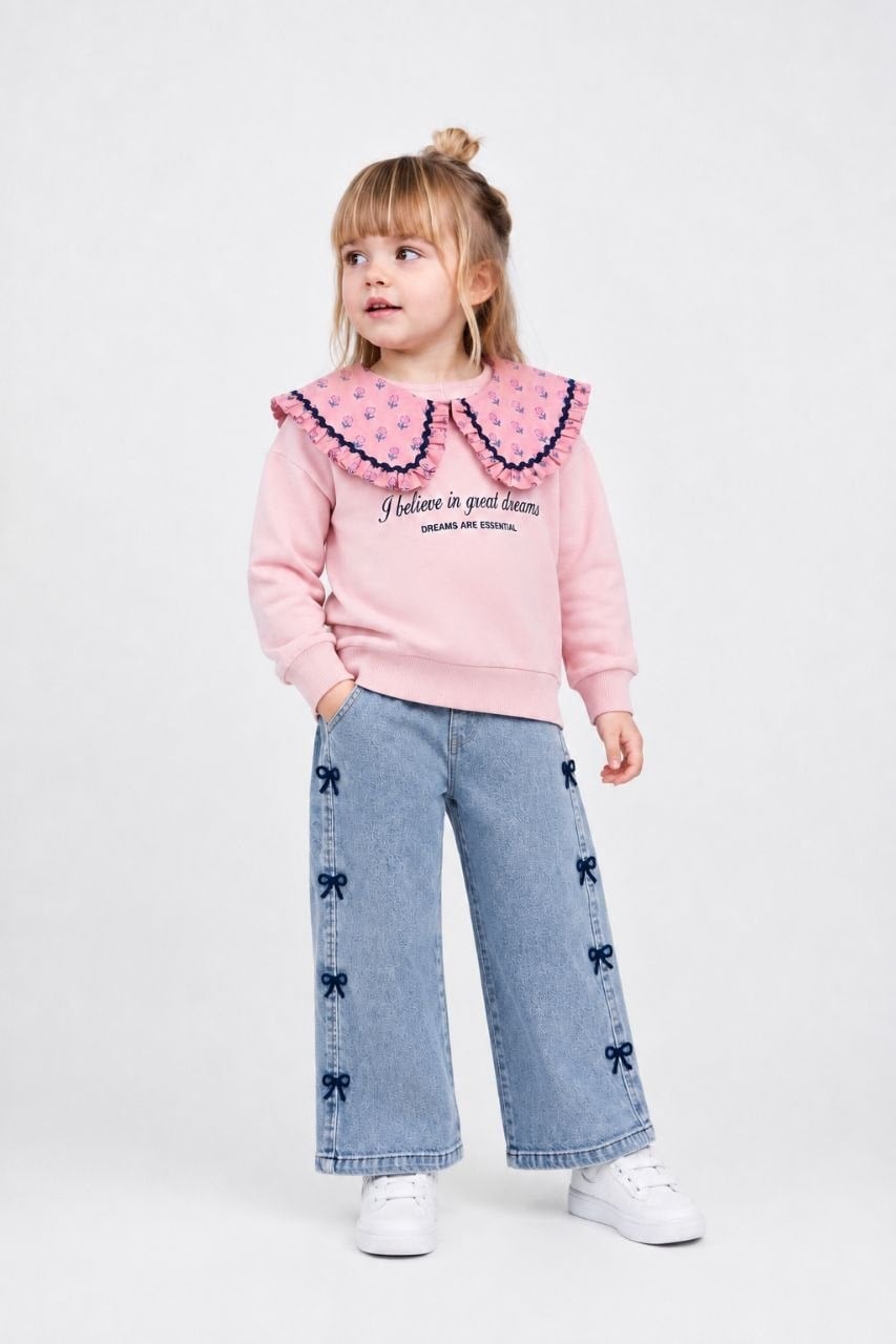 Kız çocuk yaka detaylı sweat denim pantolon takım