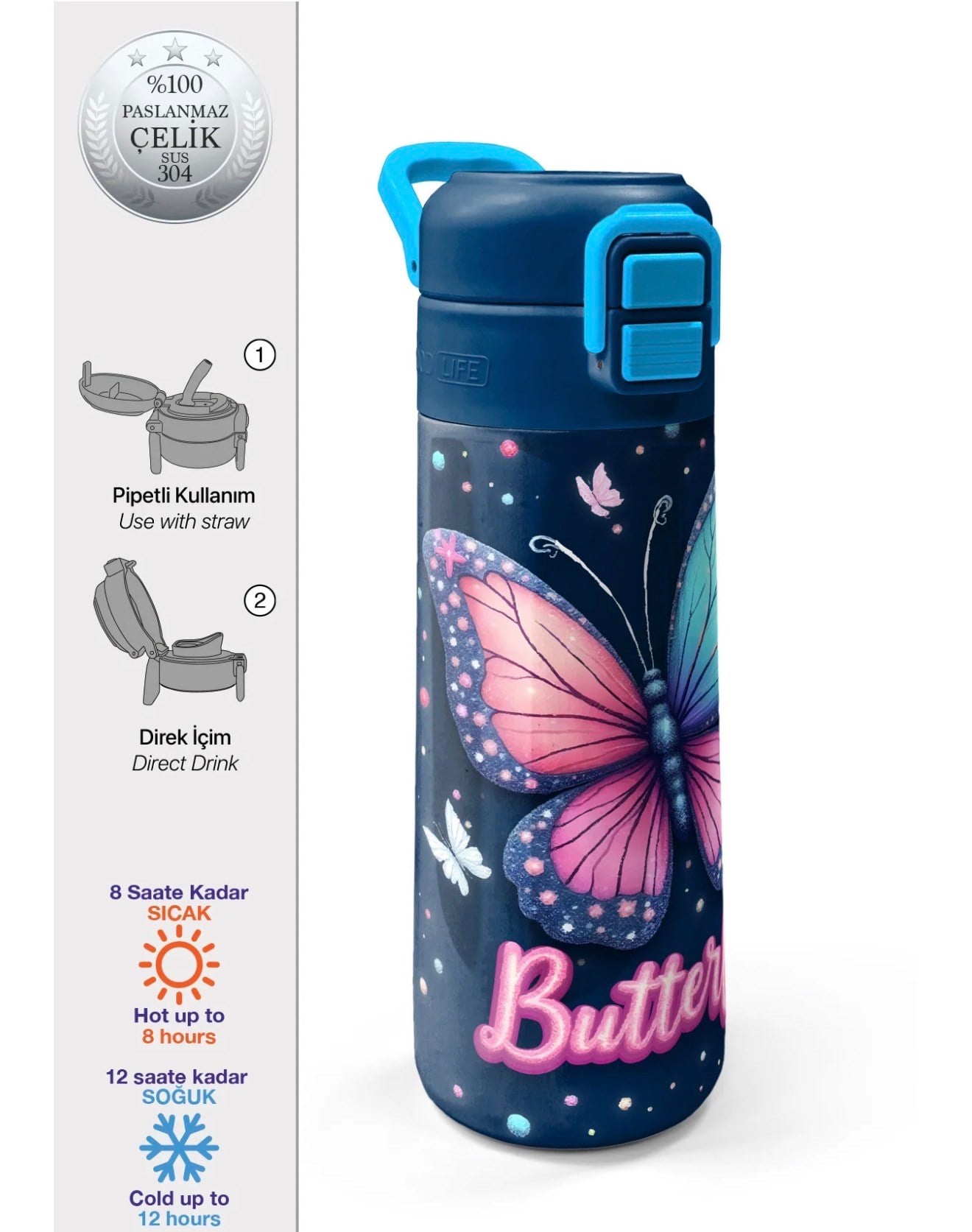 oral High Kids Kelebek Desenli Pipetli ve Direkt İçim Çelik Termos 500 ml 38131