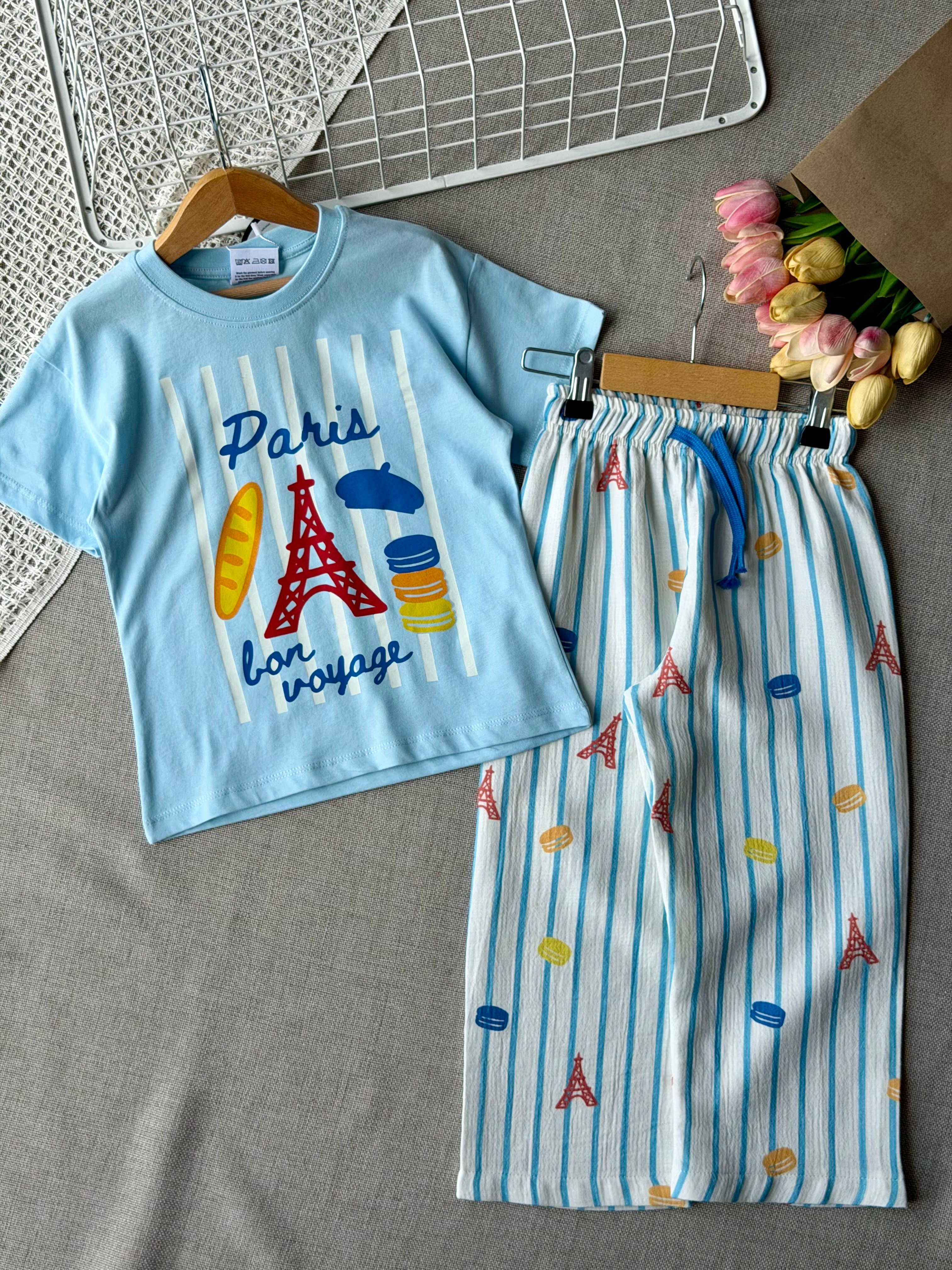 Unisex yazlık çizgili müslin pantolonlu Paris takım