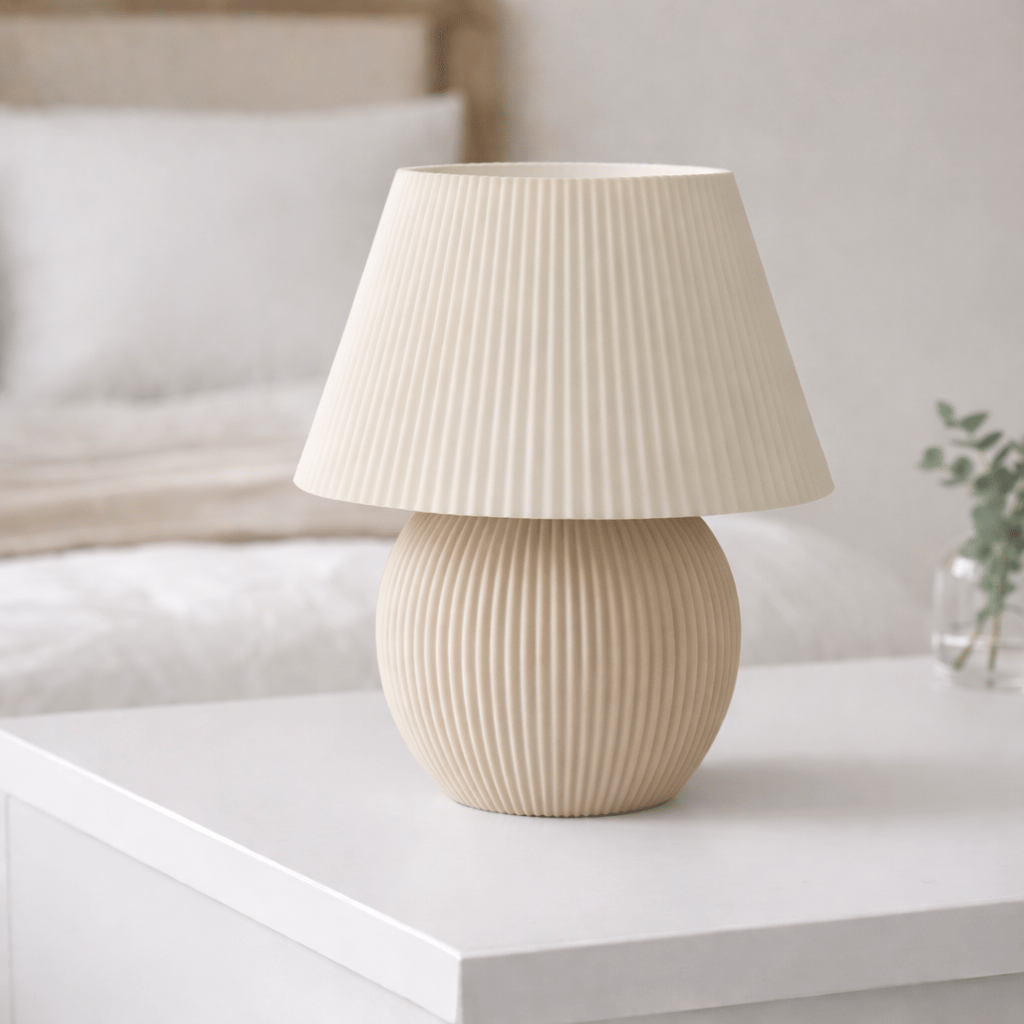 Modern Ribbed Masa Abajuru | Tek Renk Minimal Tasarım (İskandinav Doğal)