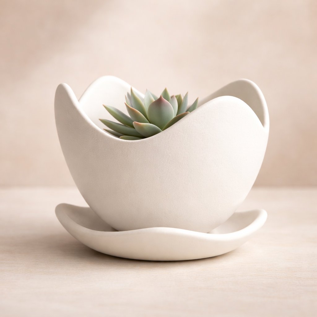 Tulip Wave Pot – Minimalist Organic Planter & Saucer (Ivory White)