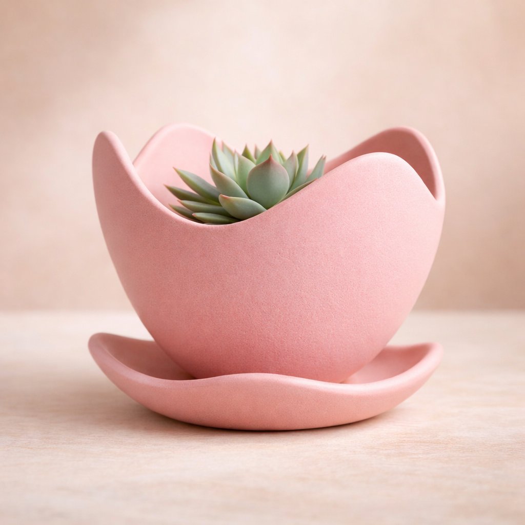 Tulip Wave Pot – Minimalist Organic Planter & Saucer (Toz Pembe)