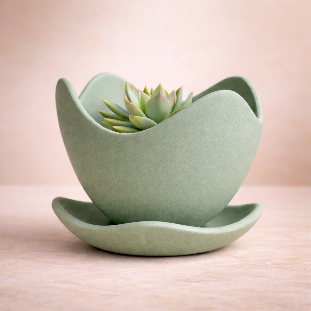 Tulip Wave Pot – Minimalist Organic Planter & Saucer (Haki Yeşil)
