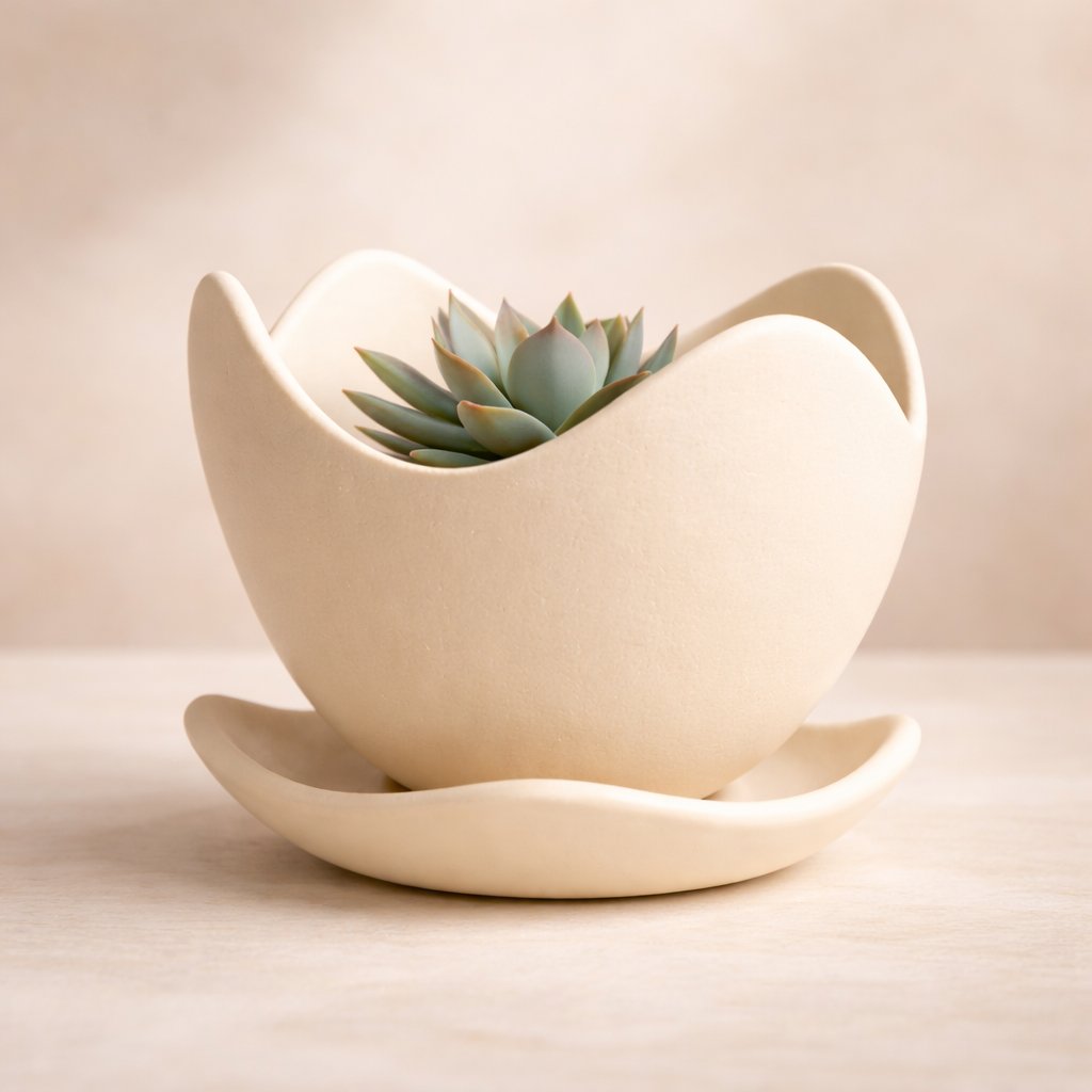 Tulip Wave Pot – Minimalist Organic Planter & Saucer (Krem / Ten)