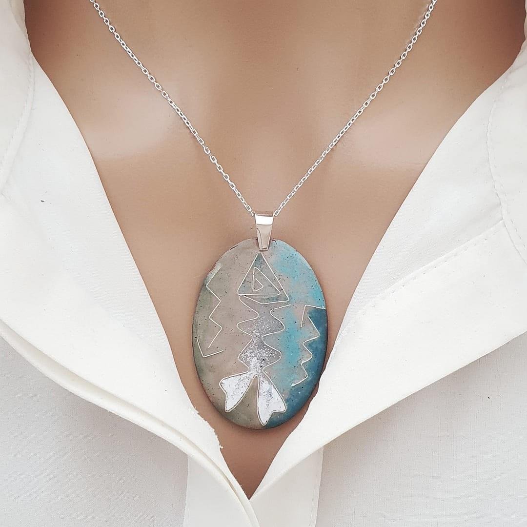 Cloisonné Balık Kolye Turkuaz Gri Gümüş Zincirli