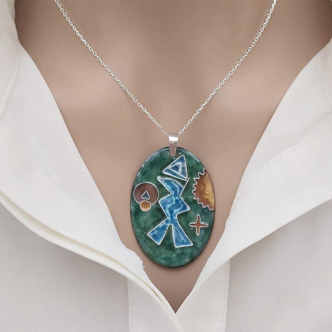Cloisonné Balık Kolye Yeşil Mavi Gümüş Zincirli