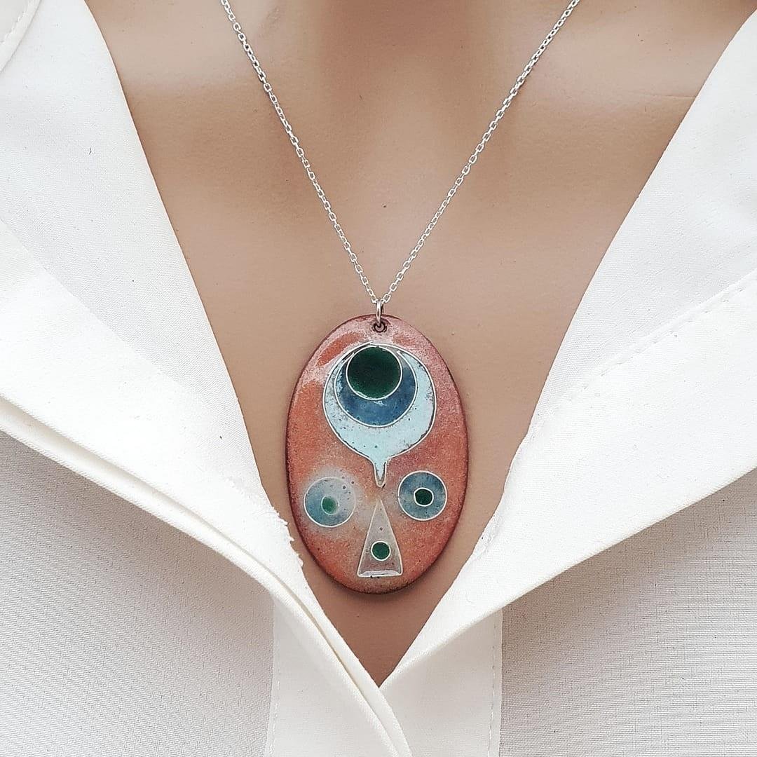 Cloisonné İnka Kolye Turkuaz Gümüş Zincirli