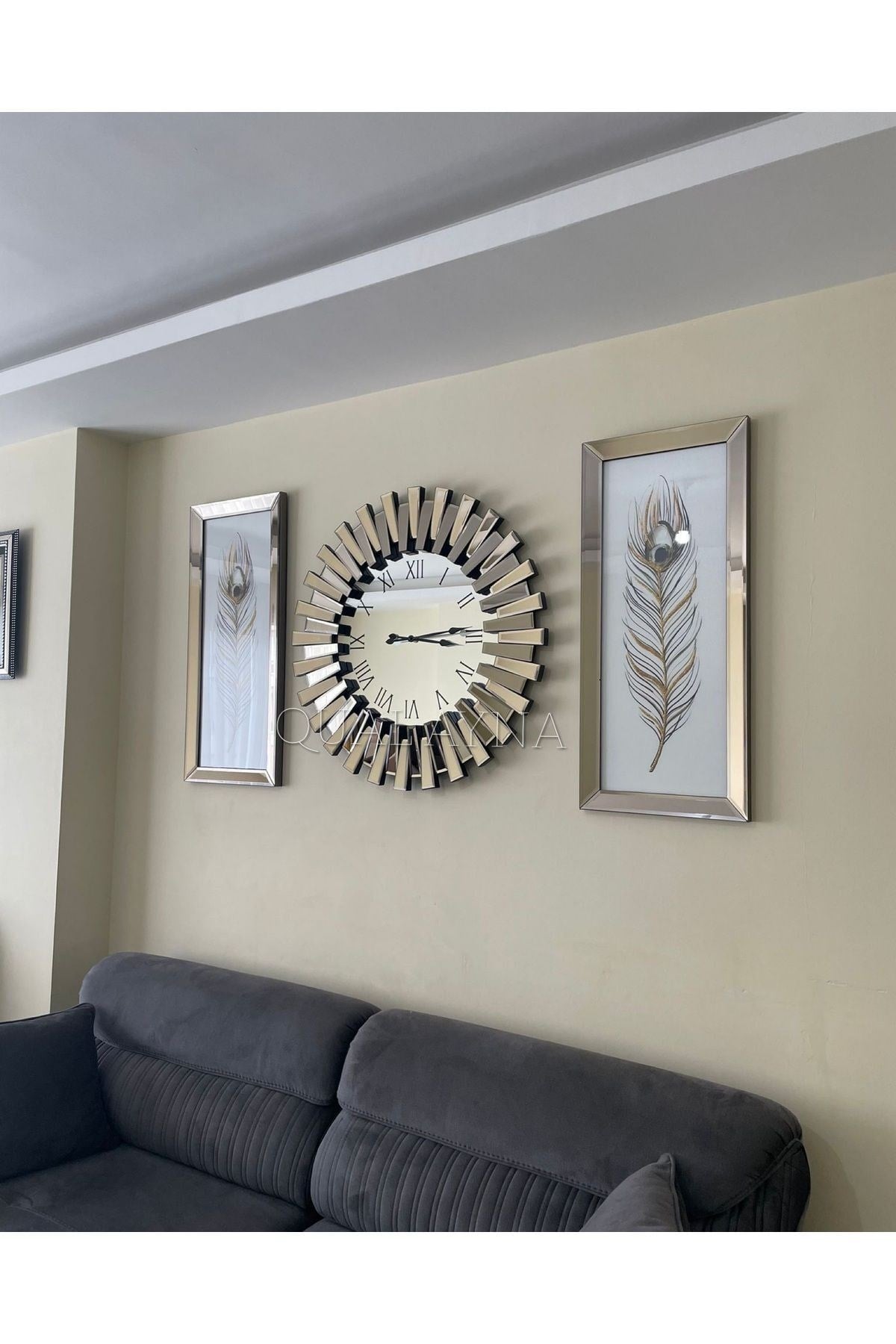 3’lü Bronz Aynalı 65 cm Saat ve 30x70 cm Tablolar Set