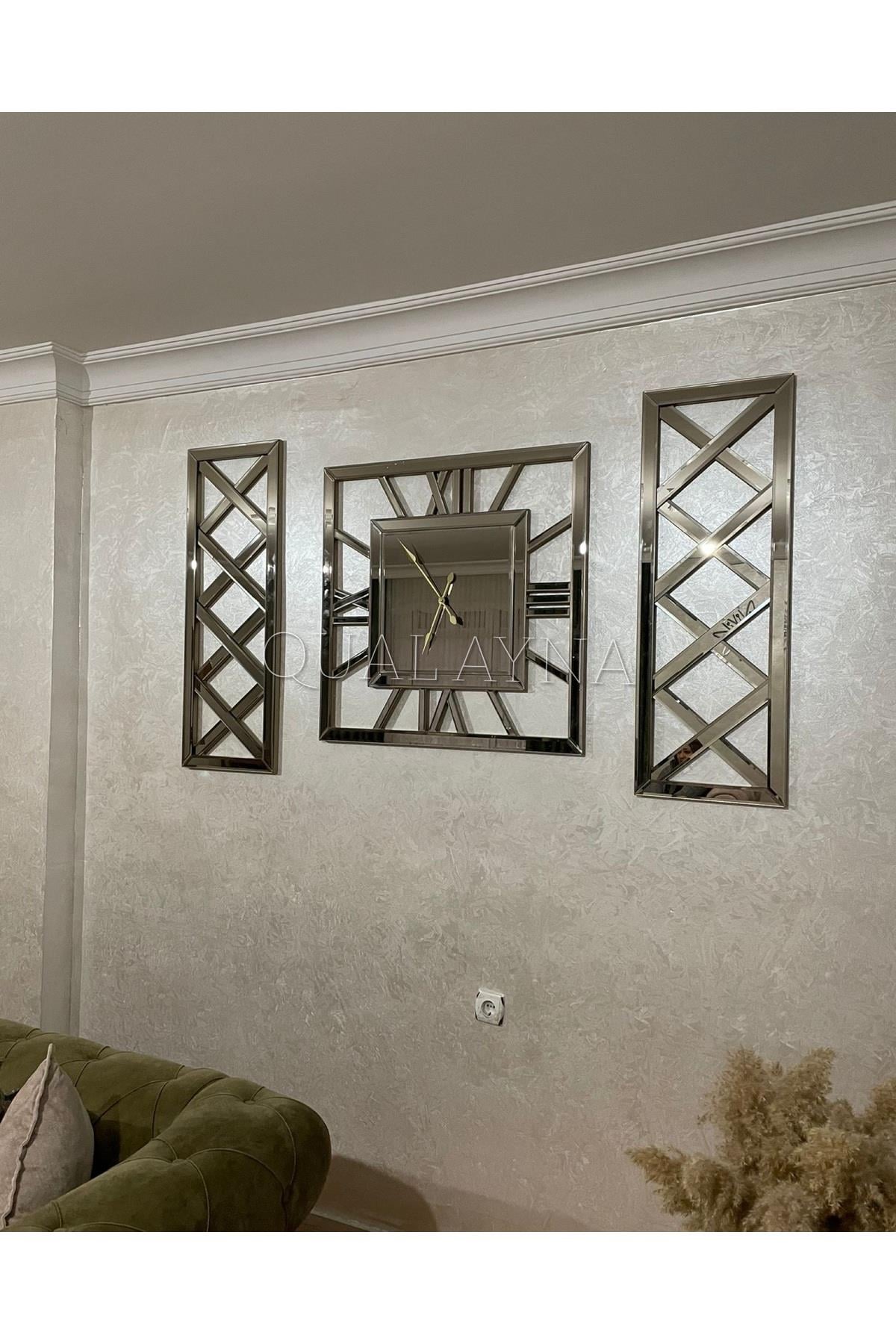 3’lü Bronz Aynalı X Model Duvar Saati(80*80 cm) ve Dekoratif aynalar Seti(35*100 cm)