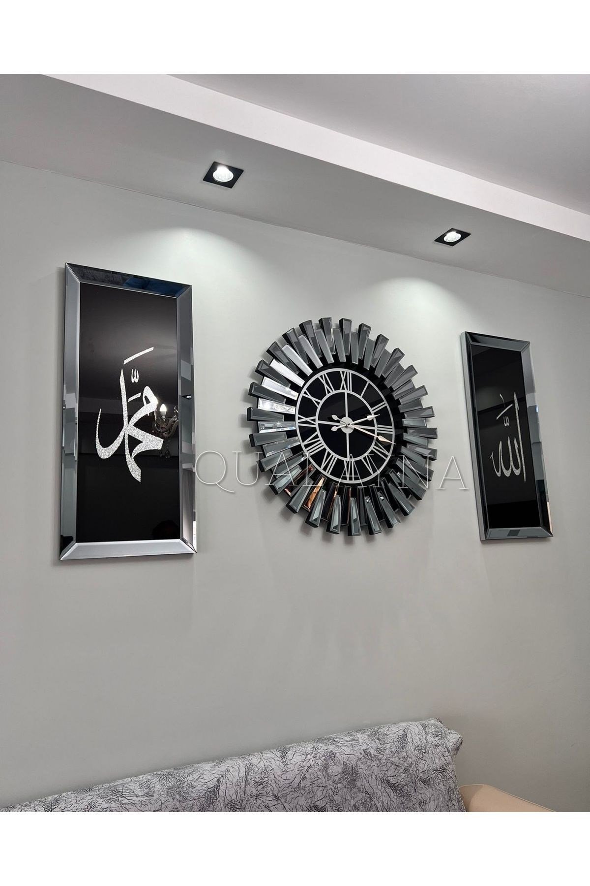3’lü Füme 65 cm Piyano Saat ve 30*70 cm Allah ve Muhammed Tablo Seti